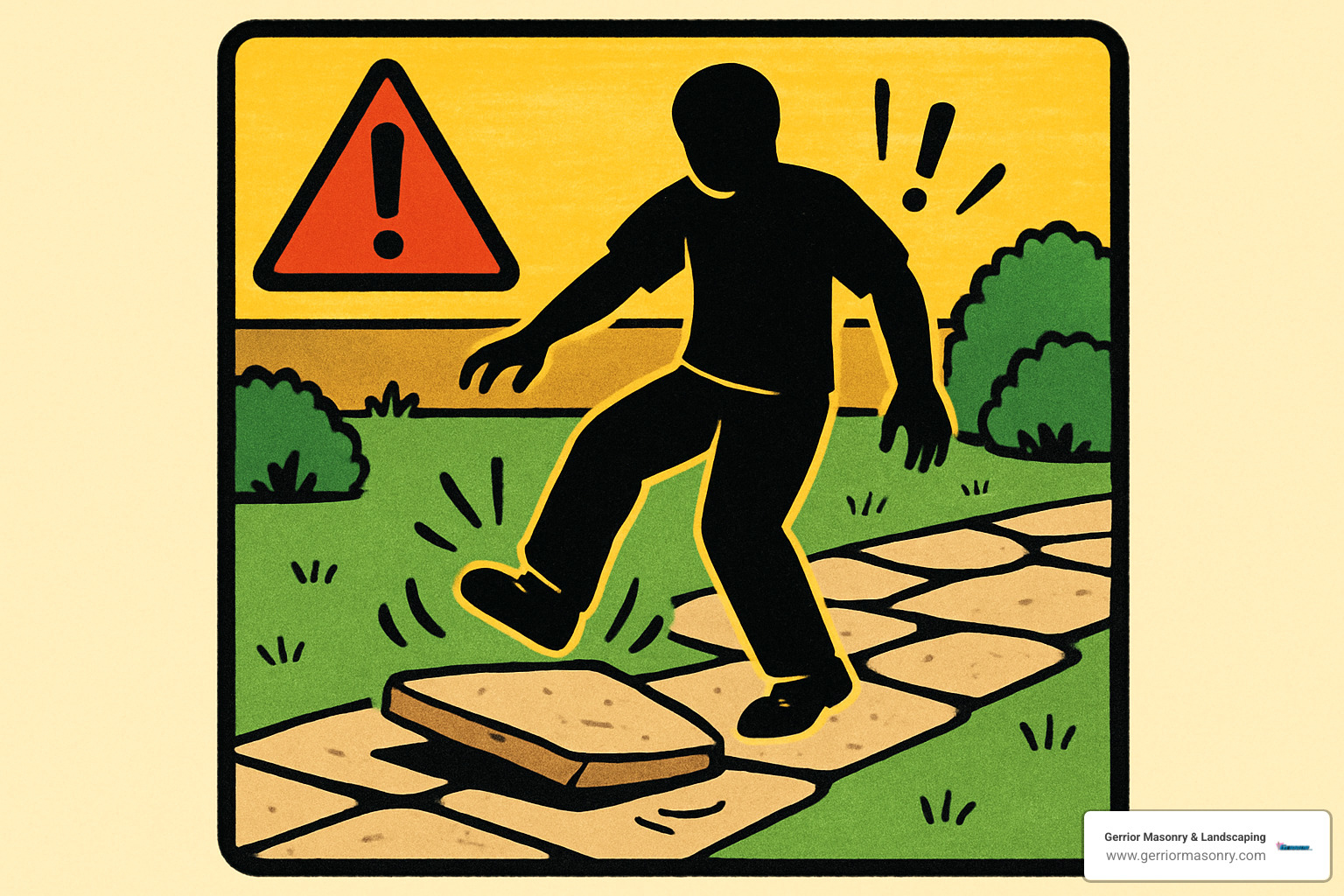 warning illustration of person stepping on wobbling flagstone - installing flagstone stepping stones