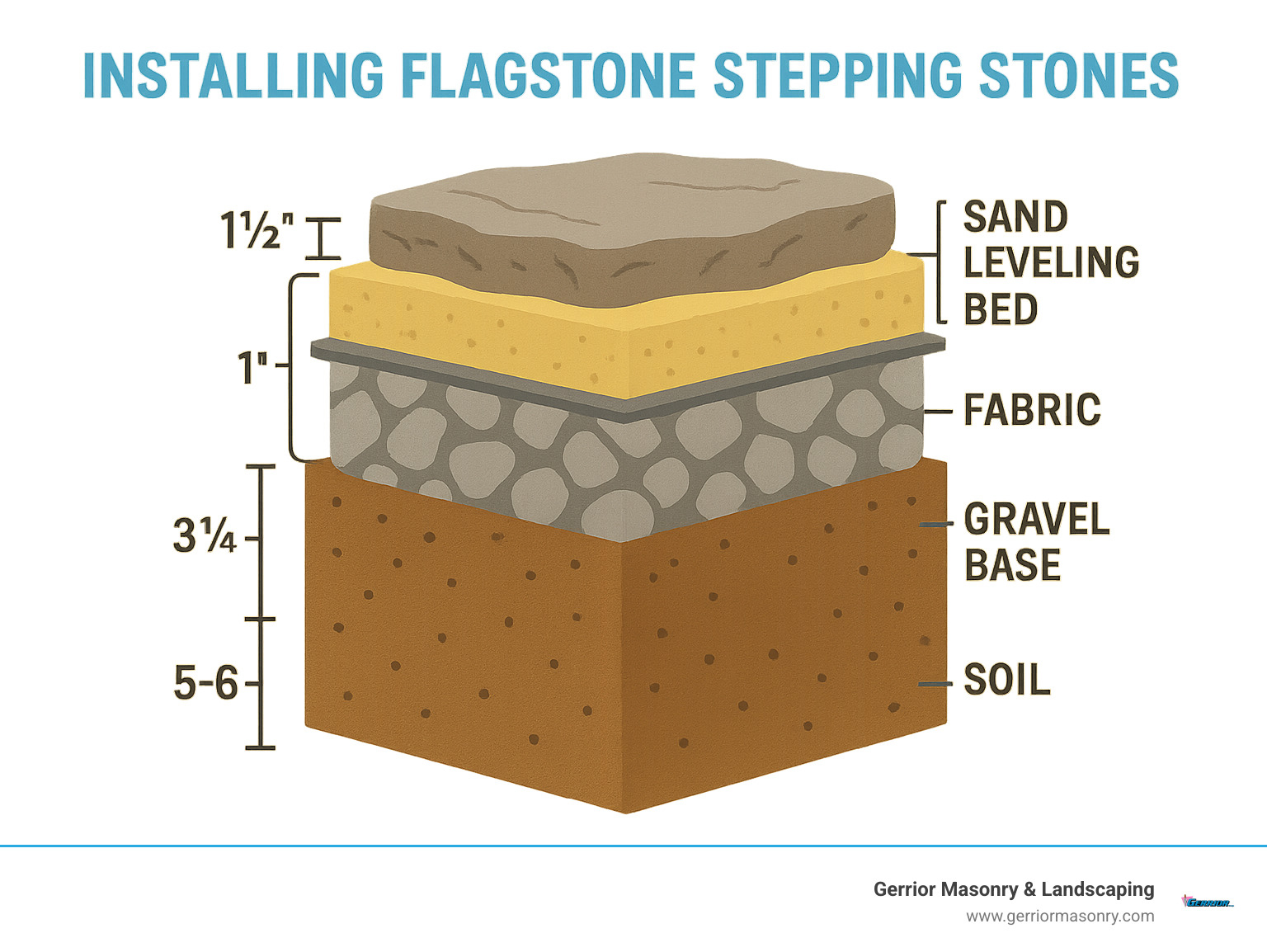 Cross-section diagram showing proper layering for flagstone stepping stone installation with measurements for each layer including soil depth, fabric placement, gravel base, sand leveling bed, and stone thickness - installing flagstone stepping stones infographic 