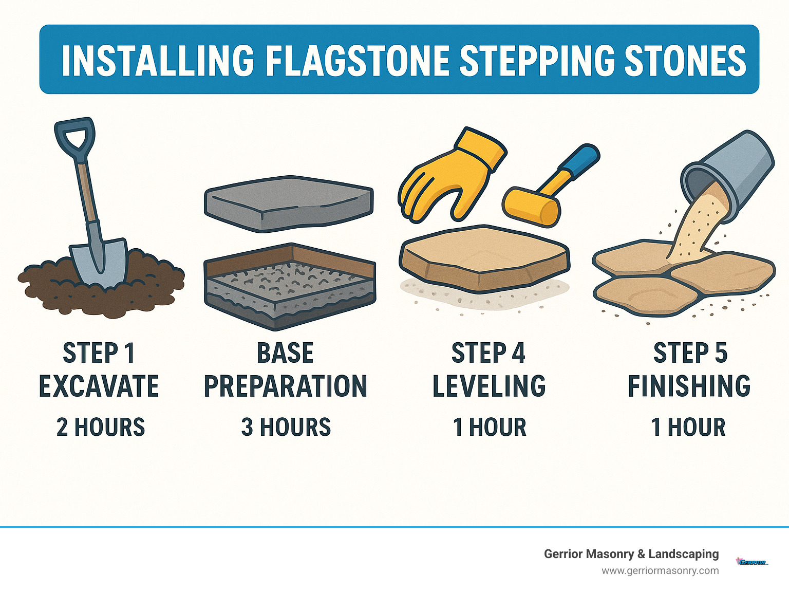Step-by-step process of installing flagstone stepping stones showing excavation, base preparation, stone placement, leveling, and finishing with materials list and approximate time requirements for each phase - installing flagstone stepping stones infographic 