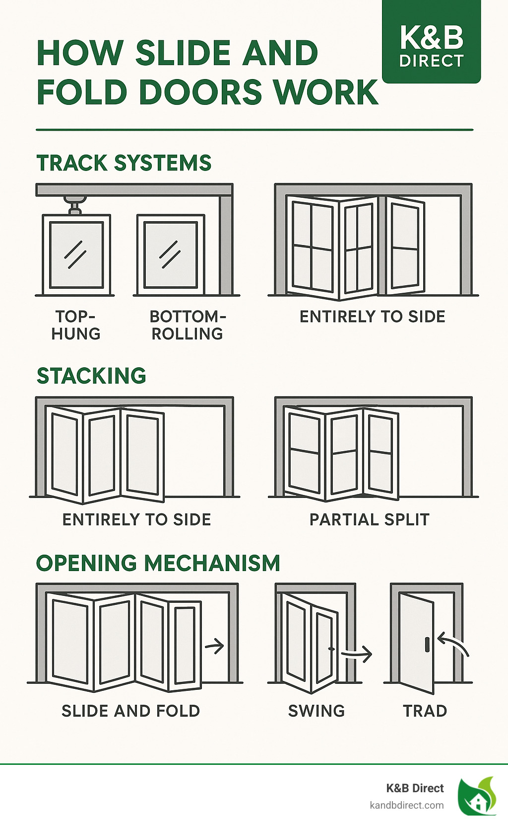 Detailed diagram showing how slide and fold doors operate, comparing track systems, stacking configurations, and opening mechanisms with traditional doors - slide and fold doors infographic