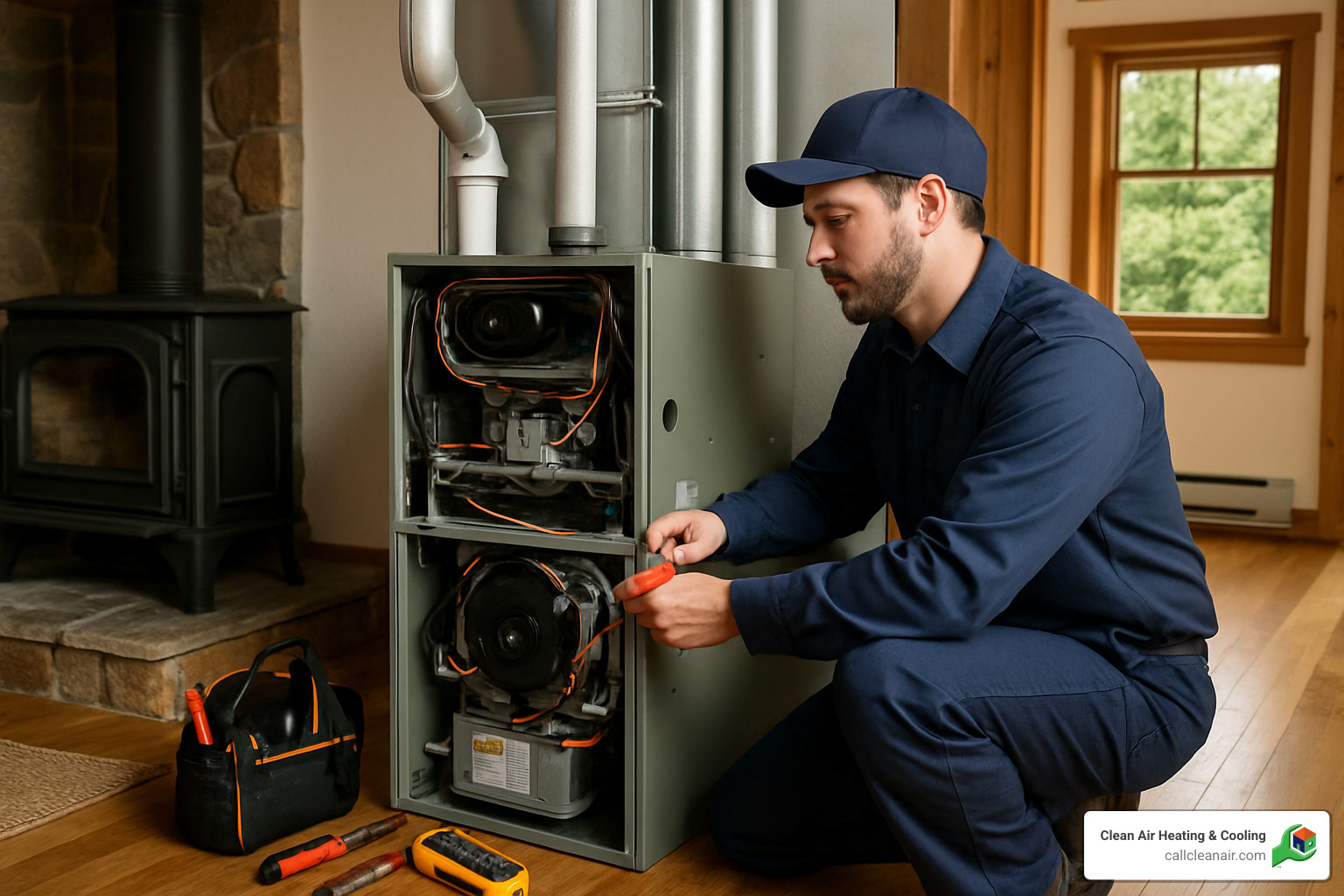 HVAC technician performing maintenance on a furnace in a Bellingham home - furnace companies in bellingham