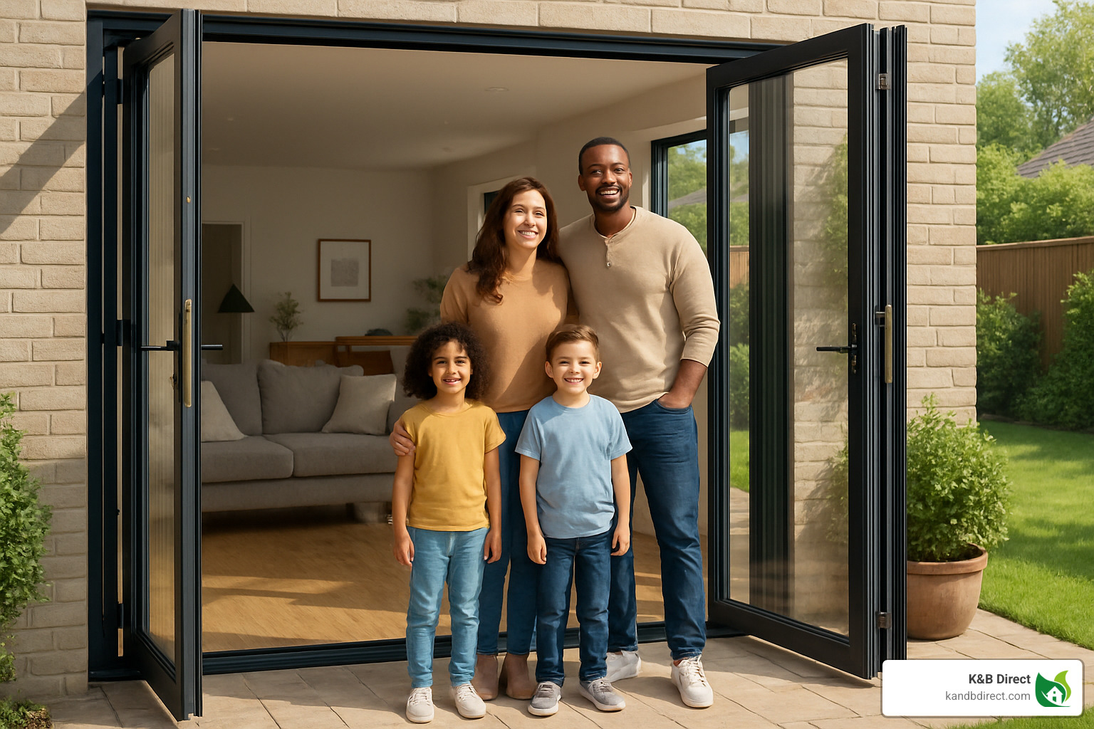 happy homeowners with new folding wall - slide and fold doors