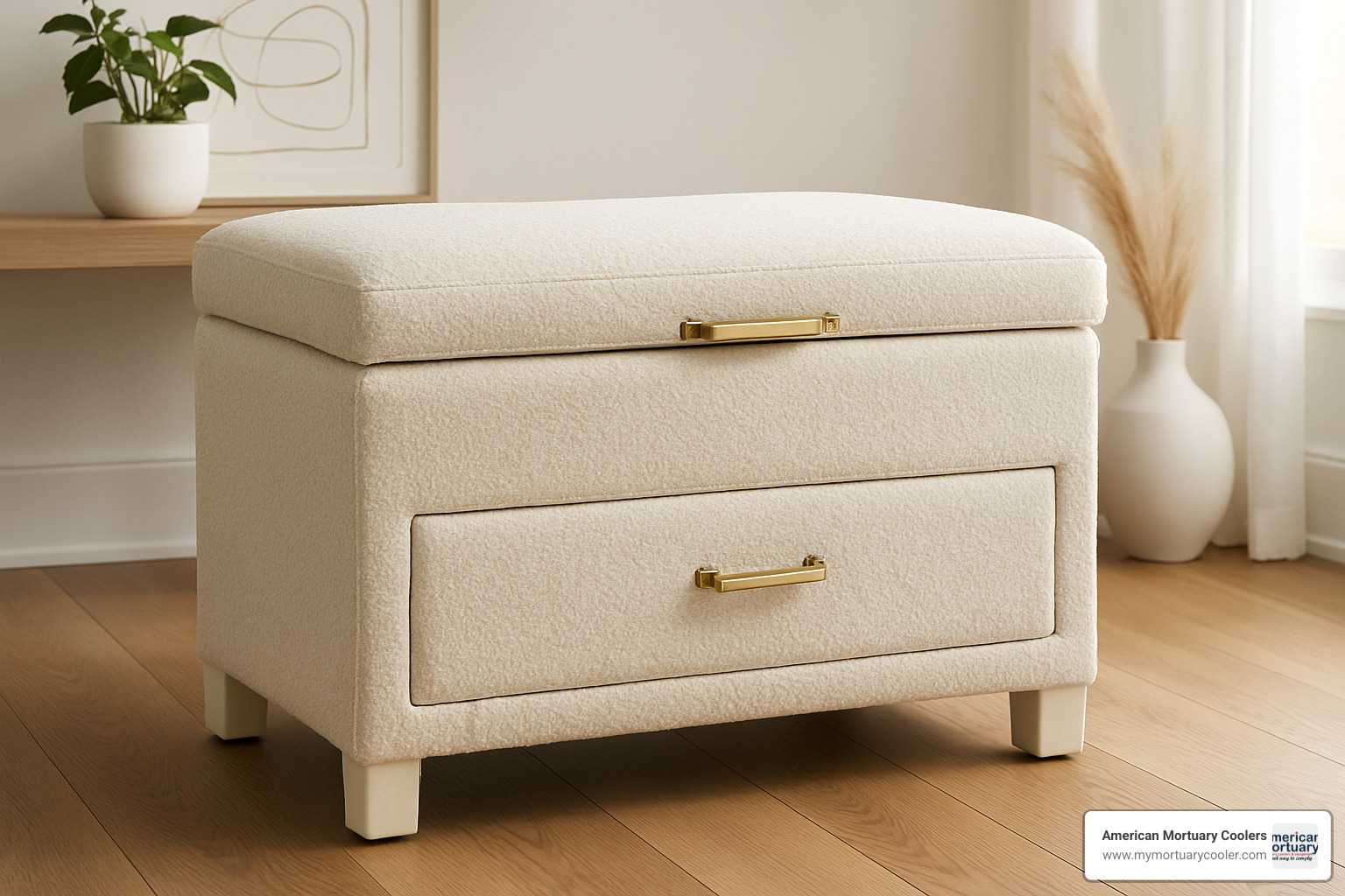 Cream boucle storage ottoman desk with brass accents - ottoman desk