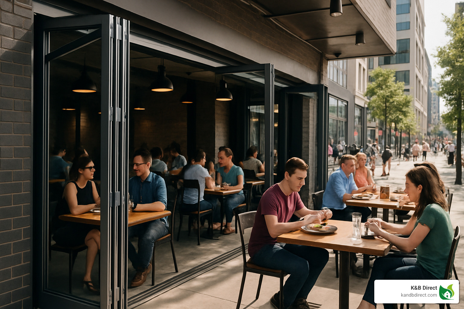 urban restaurant with aluminum bifold doors fully opened - slide and fold doors