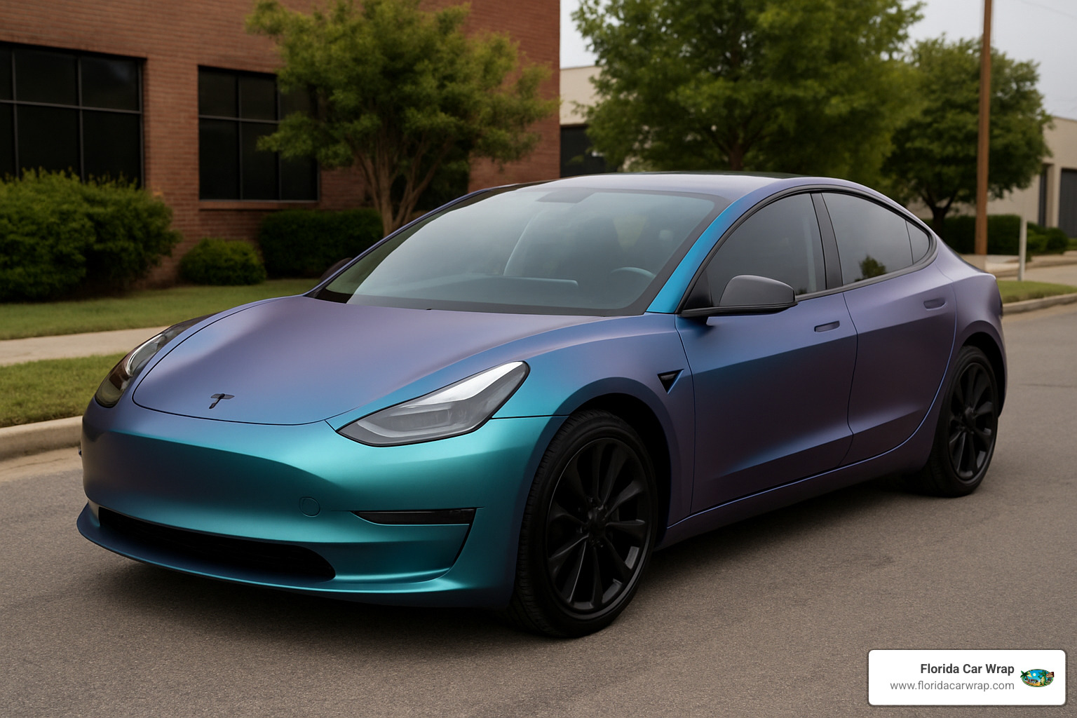 Tesla with chrome delete and custom wrap - wrap shops near me