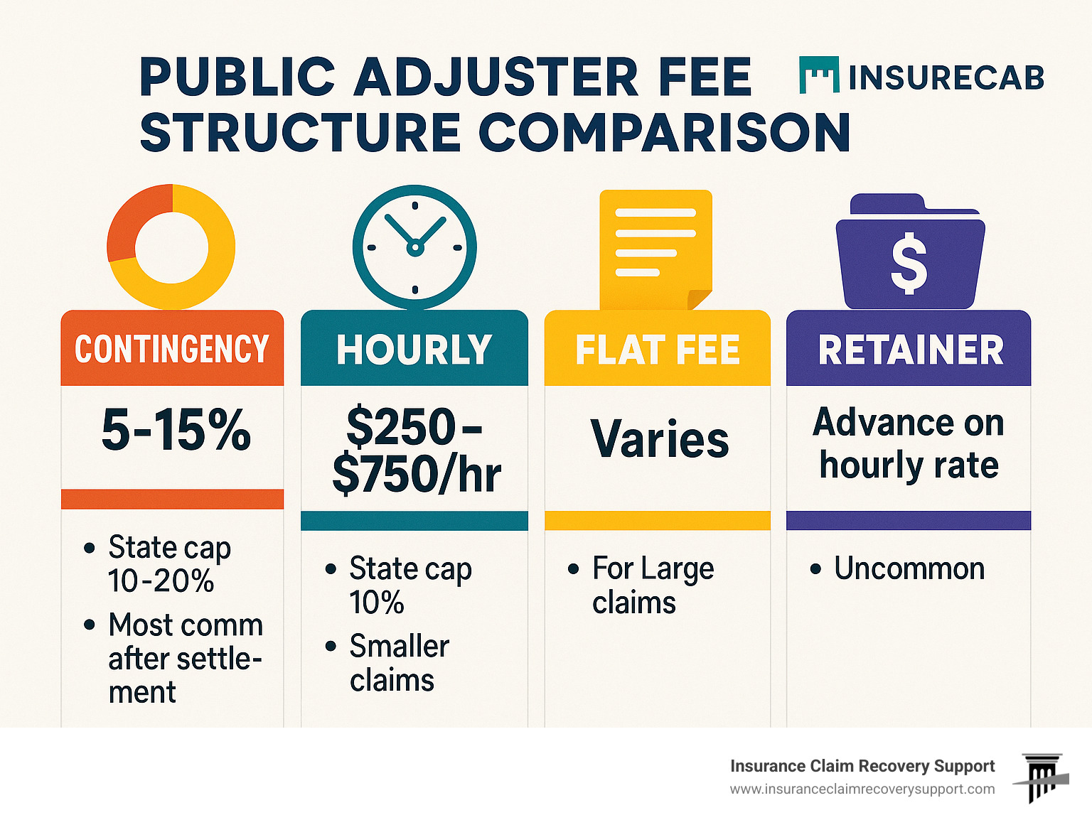 Public adjuster fee structure comparison showing contingency (5-15%), hourly ($250-$750/hr), flat fee (varies), and retainer models with corresponding state caps and when each is typically used - public adjuster rates infographic 