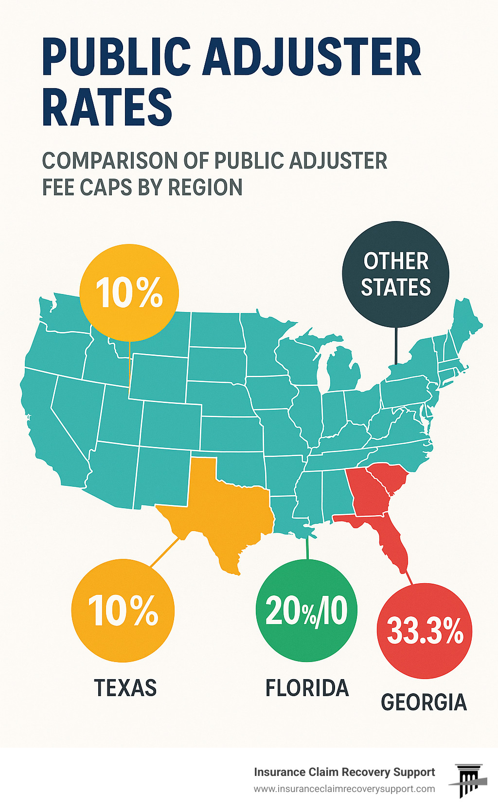 Comparison of public adjuster fee caps by region showing Texas (10%), Florida (20%/10%), Georgia (33.3%), and other states - public adjuster rates infographic 