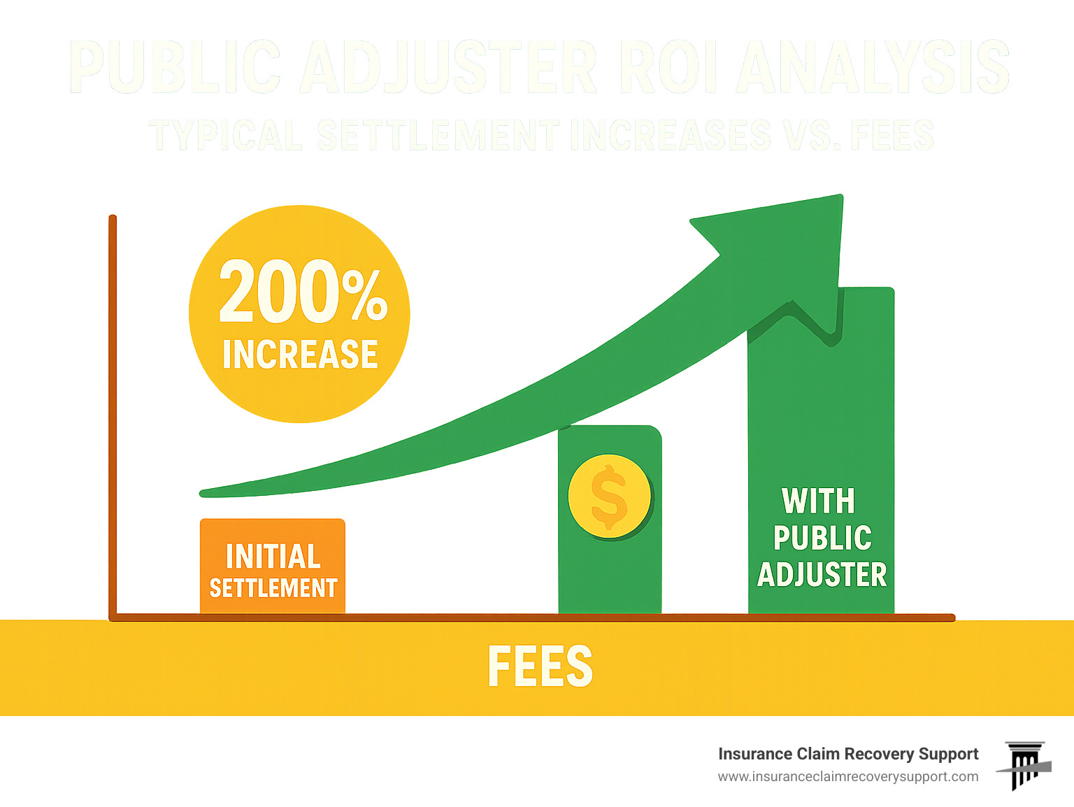 Public adjuster ROI analysis showing typical settlement increases versus fees - public adjuster rates infographic 