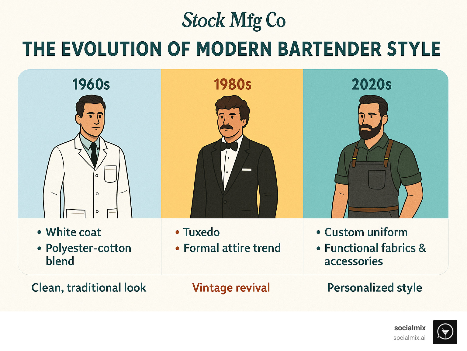 Timeline of bartender fashion evolution from 1960s white coats through 1980s tuxedos to 2020s custom uniforms, showing key style elements, fabrics, and notable trend influences by decade - modern male bartender fashion infographic 
