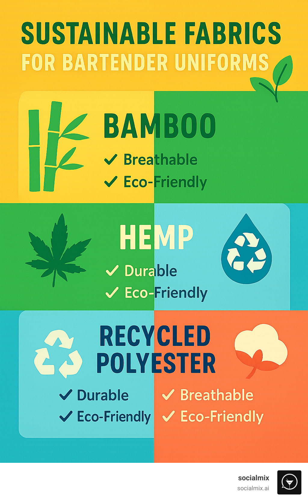 Comparison of sustainable fabric options showing bamboo, hemp, recycled polyester and organic cotton with their benefits for bartender uniforms including breathability, durability, and eco-friendly properties - modern male bartender fashion infographic 