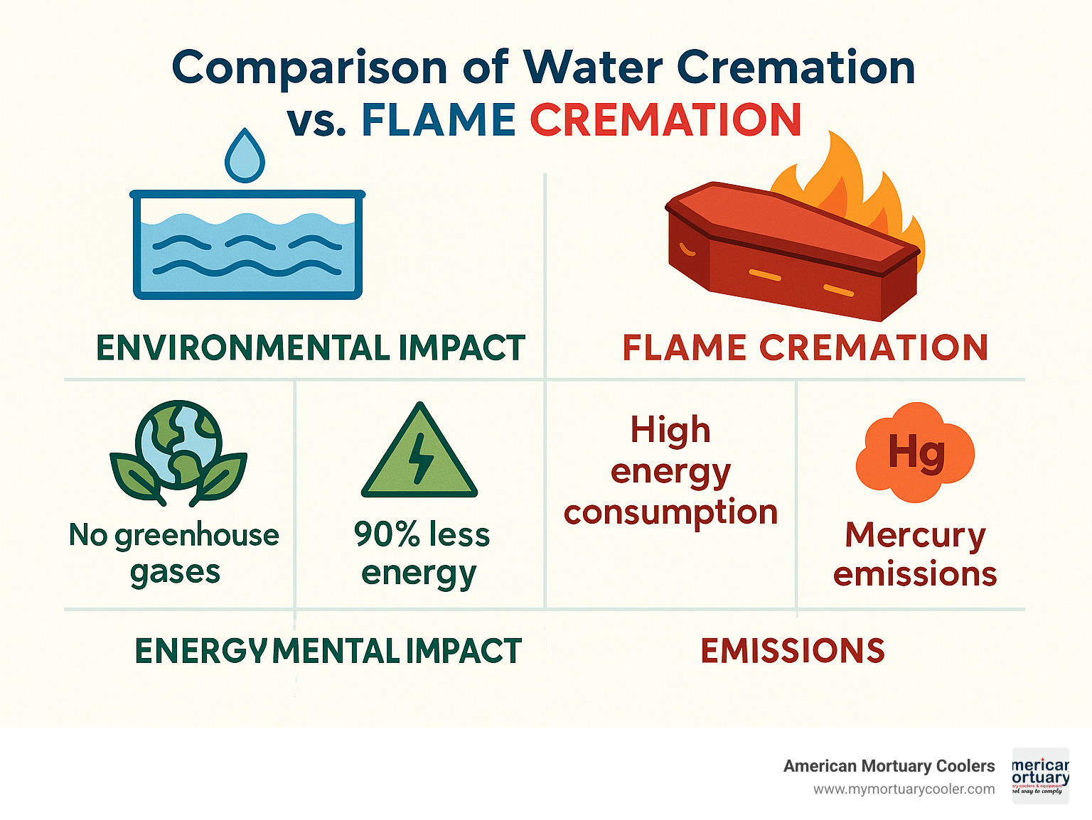 Comparison of water cremation vs flame cremation showing environmental impact, energy usage, and emissions data - is water cremation legal in california infographic 