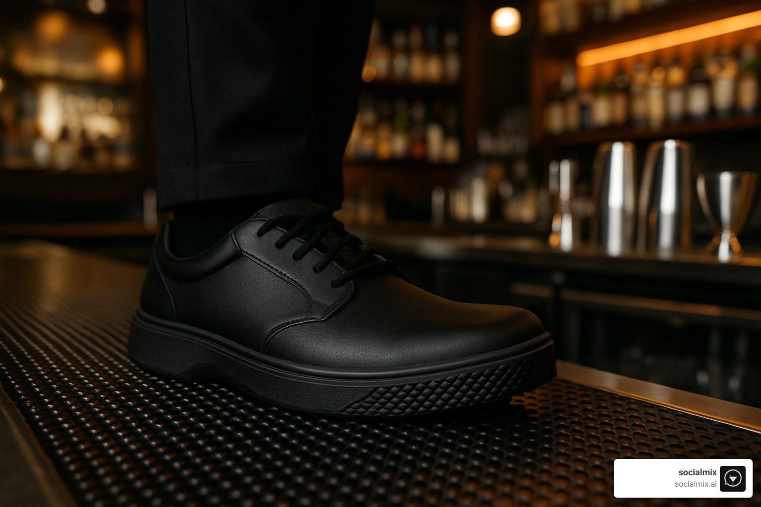 bartender shoes on rubber mat - modern male bartender fashion