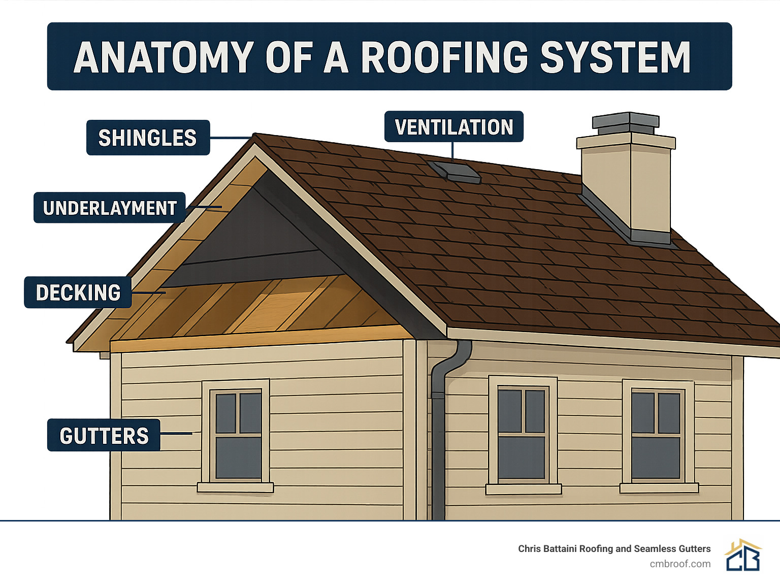 Detailed infographic showing the anatomy of a complete roofing system including shingles, underlayment, decking, flashing, ventilation, and gutters with labels for each component - residential roofing service infographic 