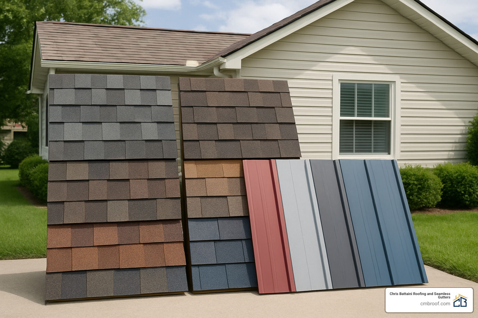 roofing material color palette showing various shingle and metal roof options - residential roofing service