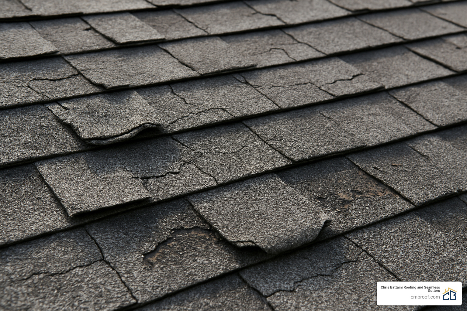 damaged roof shingles showing curling, cracking and missing granules - residential roofing service