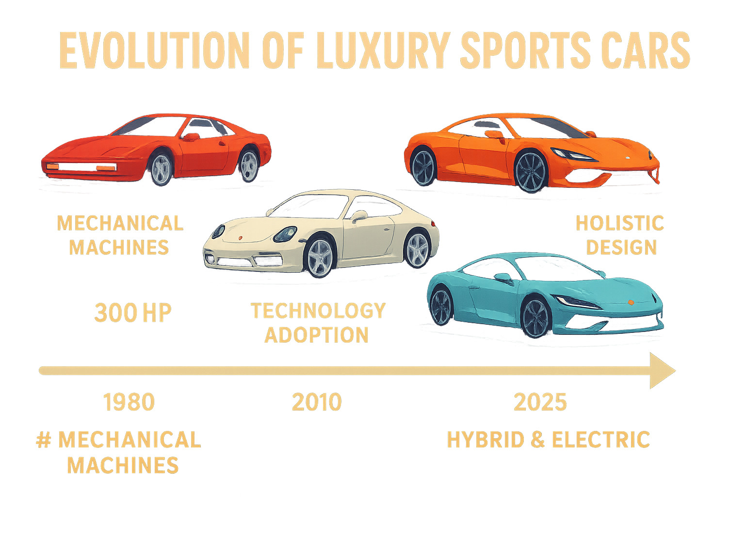 Evolution of luxury sports cars from 1980-2025 showing the progression from purely mechanical machines to today's hybrid and electric high-performance vehicles, with key milestones in horsepower, technology adoption, and design philosophy - Best luxury sports cars infographic 