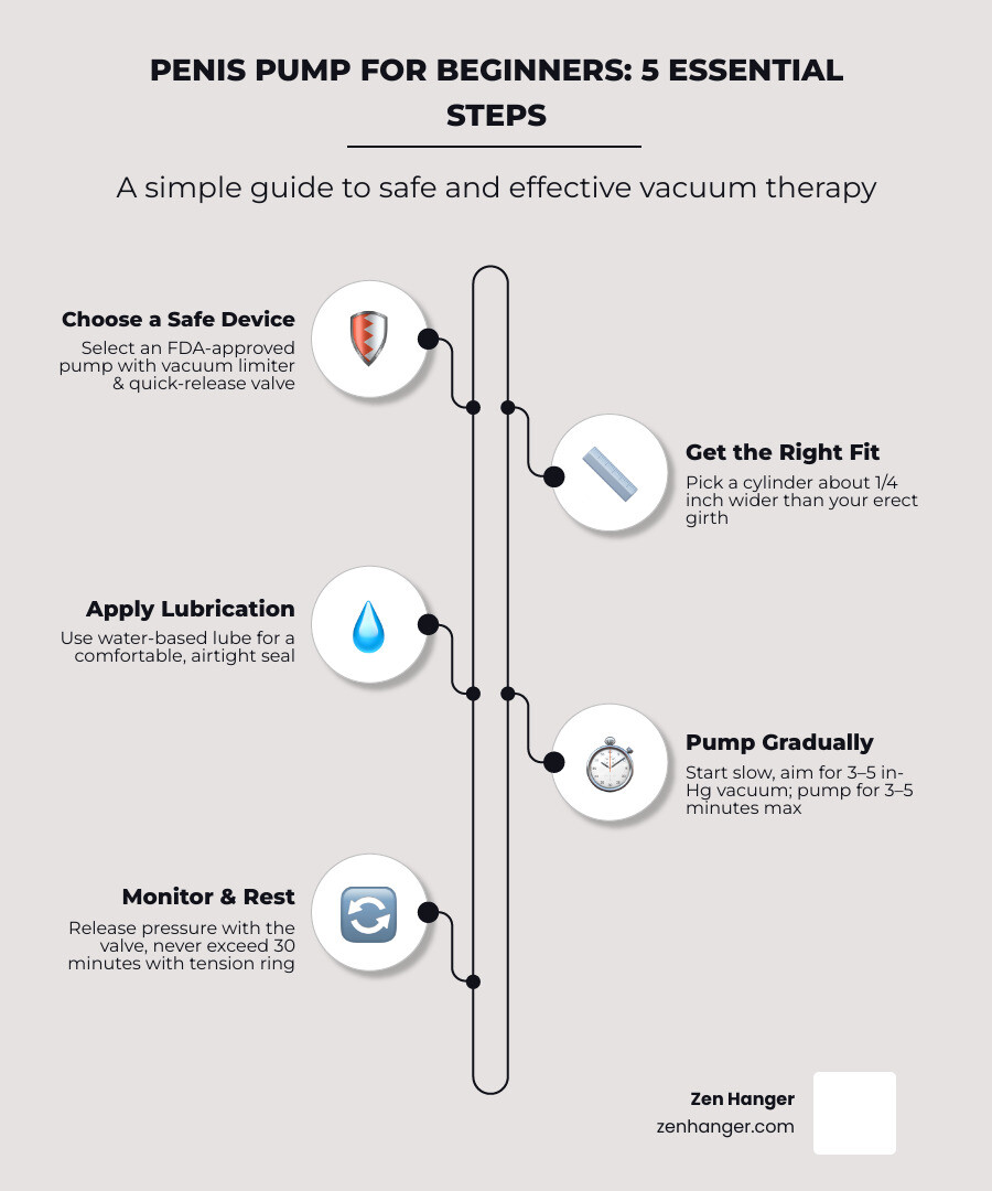 Penis pump anatomy showing cylinder, hand pump, pressure gauge, quick-release valve, and proper positioning for beginners - penis pump for beginners infographic infographic-line-5-steps-neat_beige