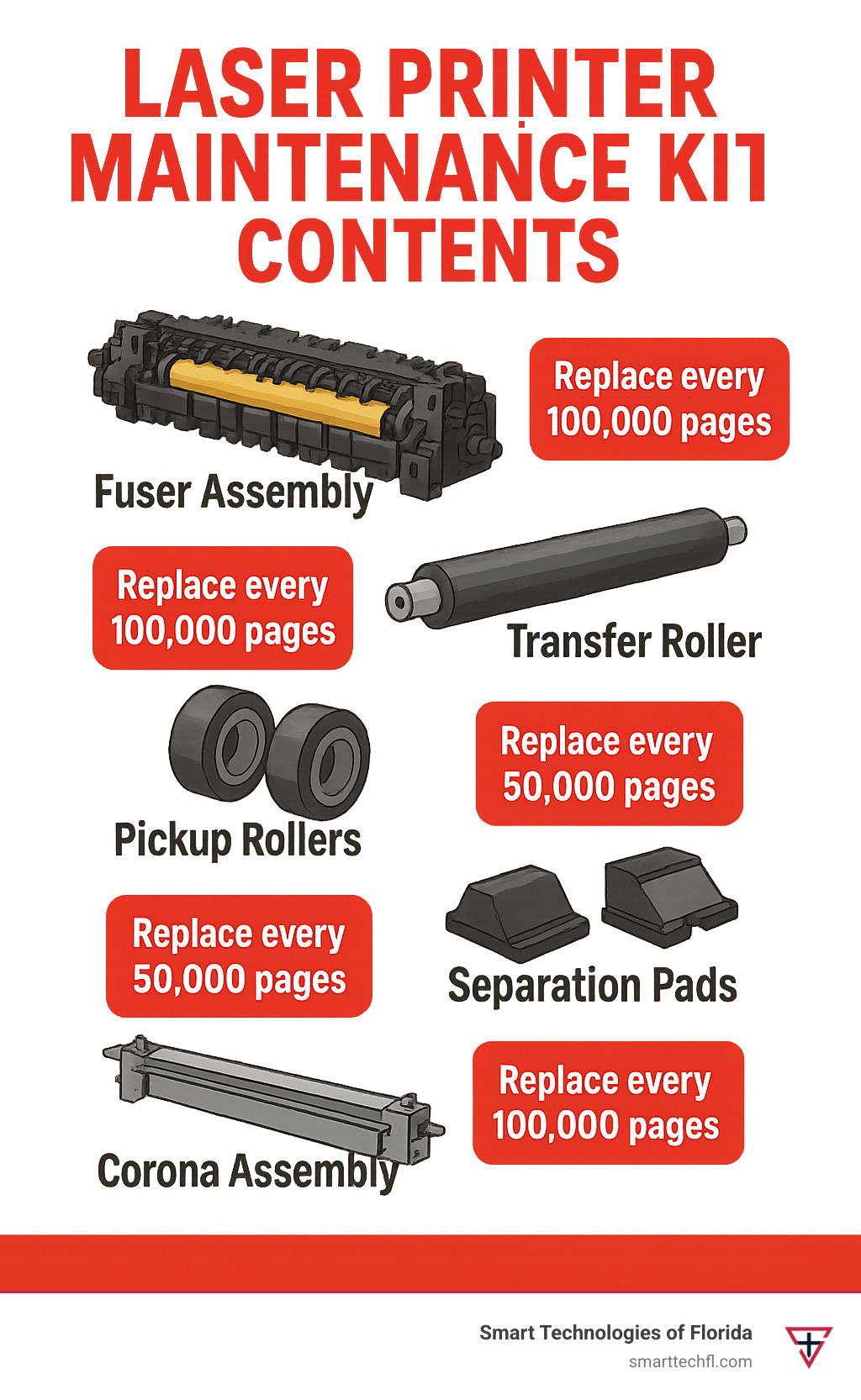 Laser printer maintenance kit components diagram showing fuser assembly, transfer roller, pickup rollers, separation pads, and corona assembly with labeled parts and replacement intervals - laser printer maintenance kit contents infographic