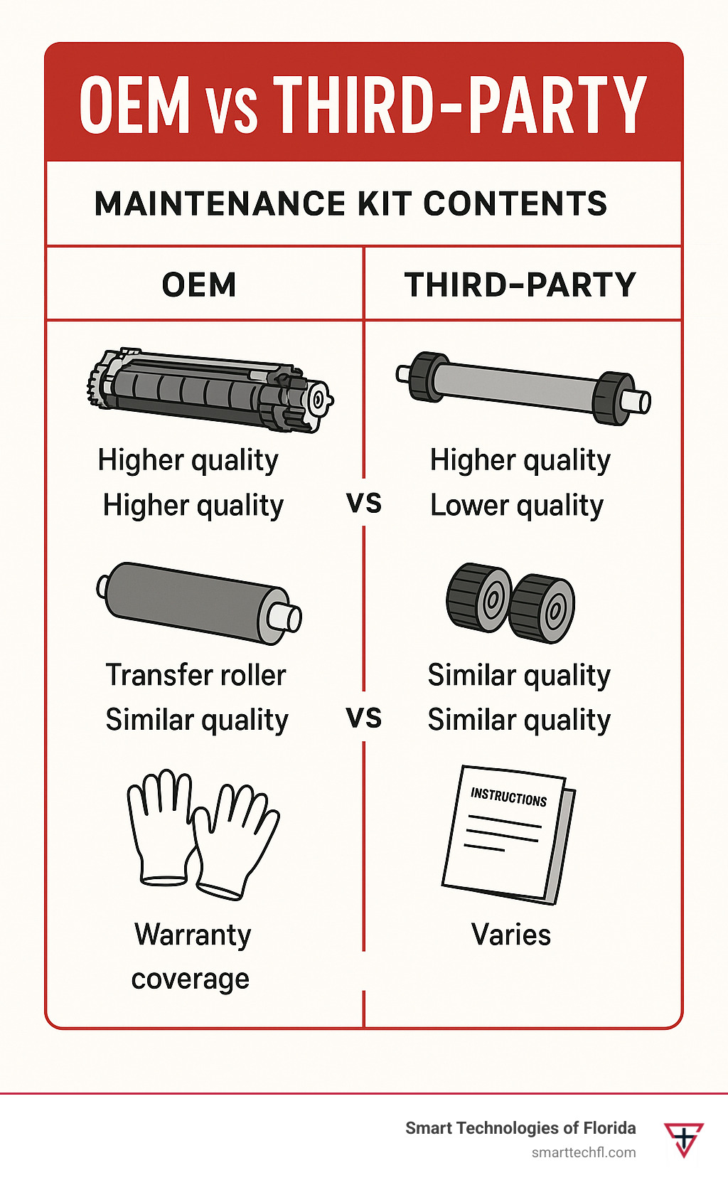 Comparison of OEM vs third-party maintenance kit contents showing differences in component quality and warranty coverage - laser printer maintenance kit contents infographic