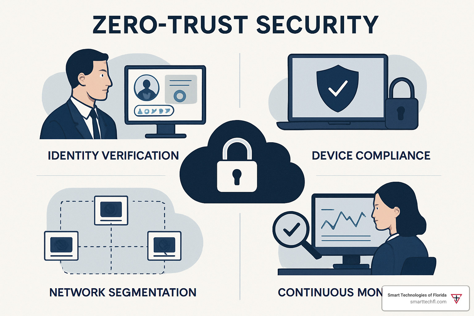 Zero-trust security model showing identity verification, device compliance, network segmentation, and continuous monitoring - IT infrastructure solutions