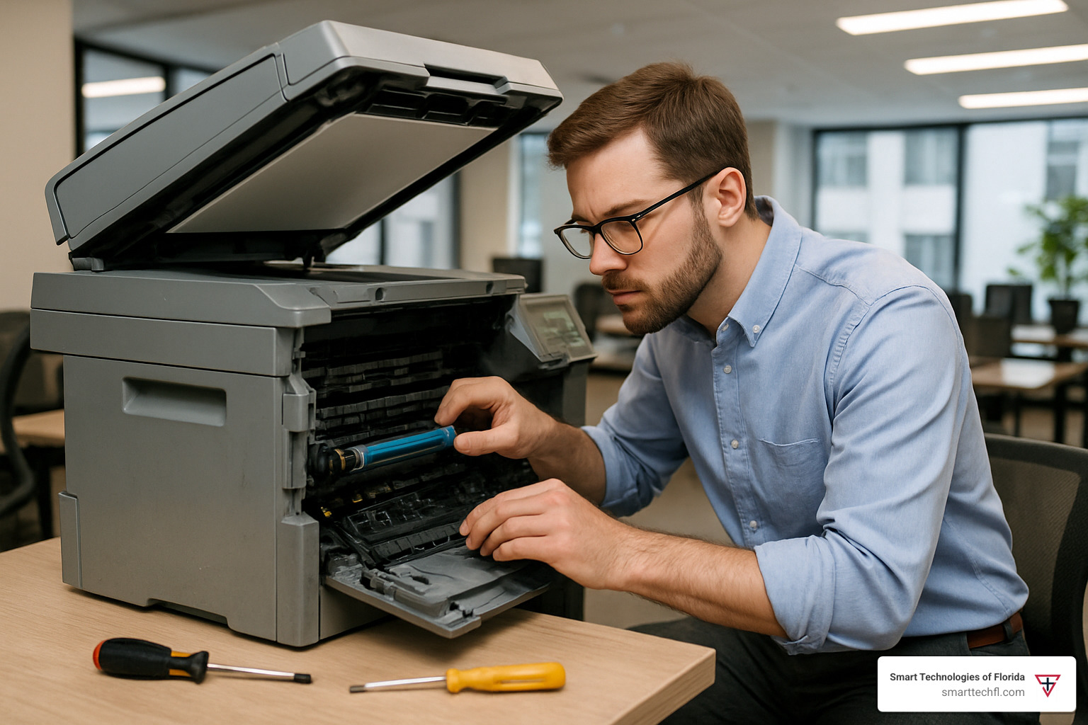 technician inspecting used copier - used copiers for sale