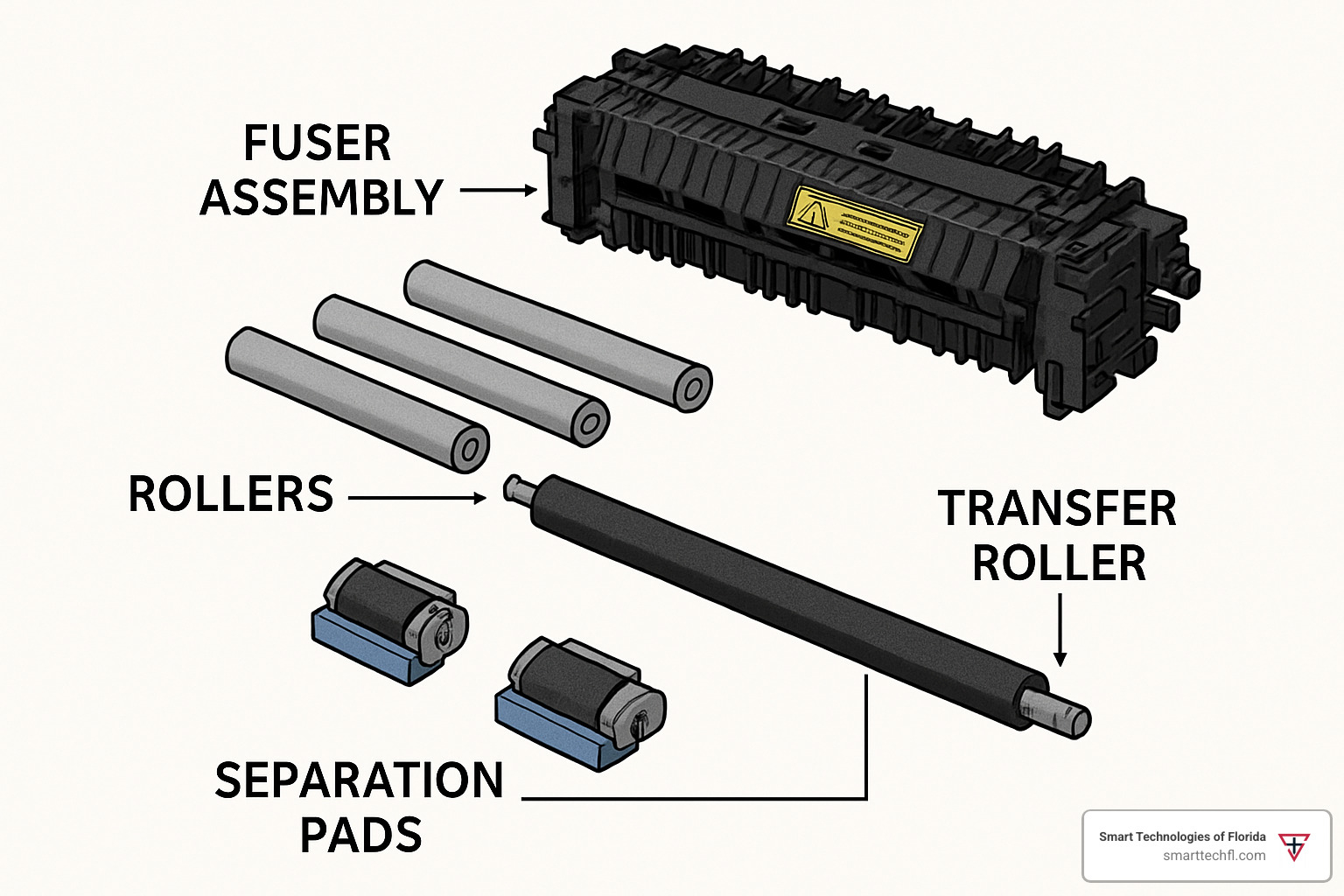 Exploded view of laser printer maintenance kit components - laser printer maintenance kit contents
