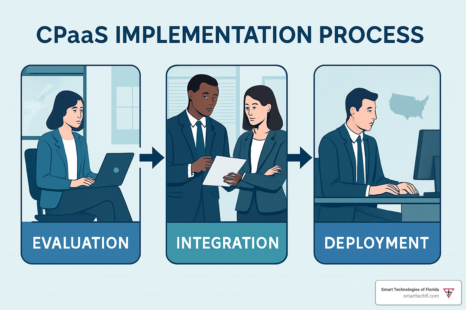 CPaaS implementation workflow showing evaluation, integration, and deployment phases - cpaas providers