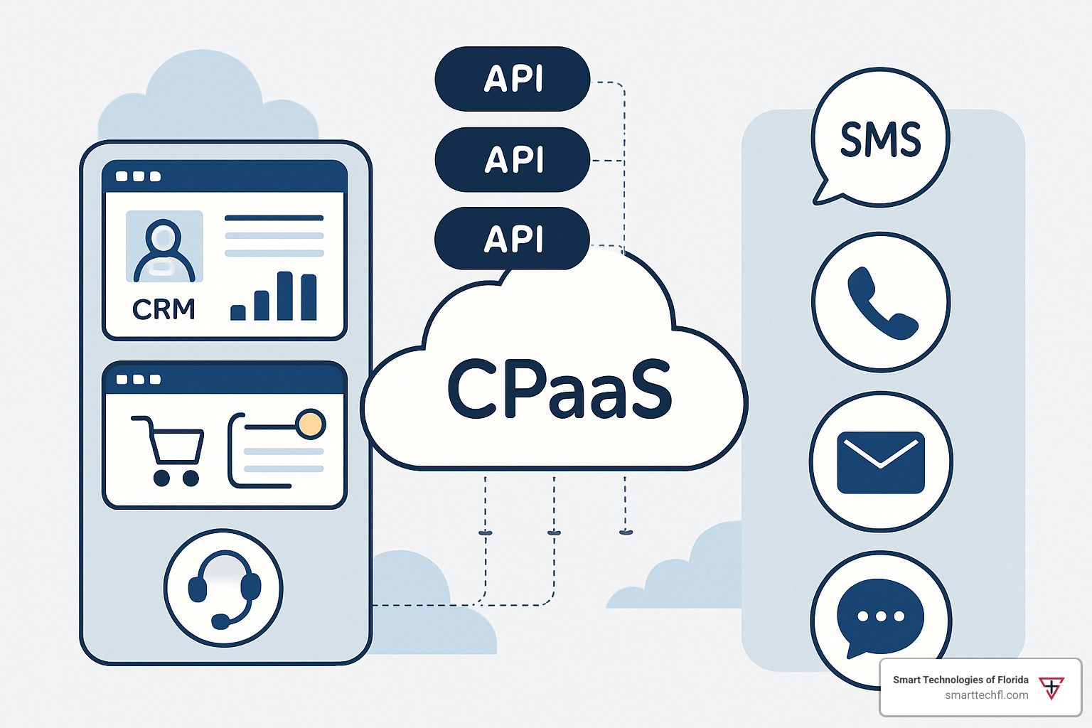 CPaaS workflow showing APIs connecting apps to communication channels - cpaas providers