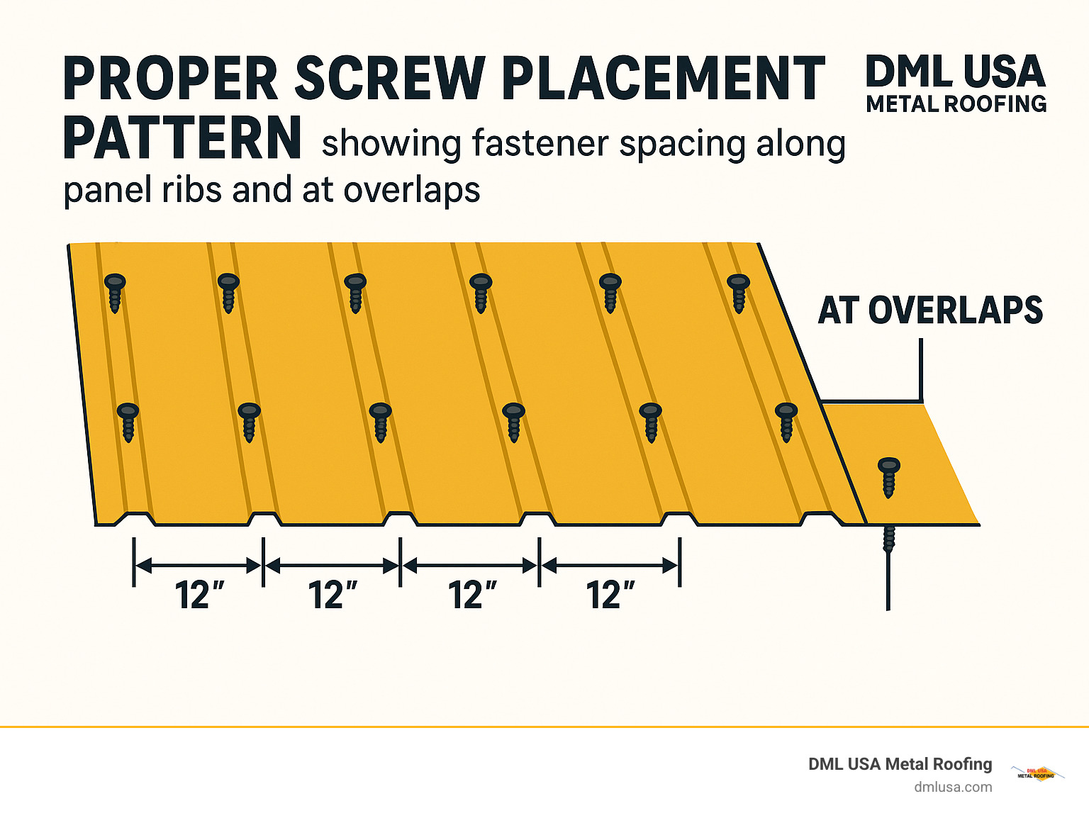 Proper screw placement pattern showing fastener spacing along panel ribs and at overlaps - how are metal roofs installed infographic