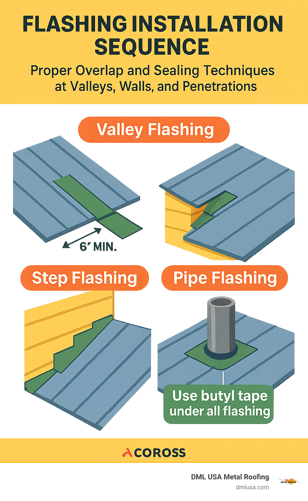 Flashing installation sequence showing proper overlap and sealing techniques at valleys, walls, and penetrations - how are metal roofs installed infographic