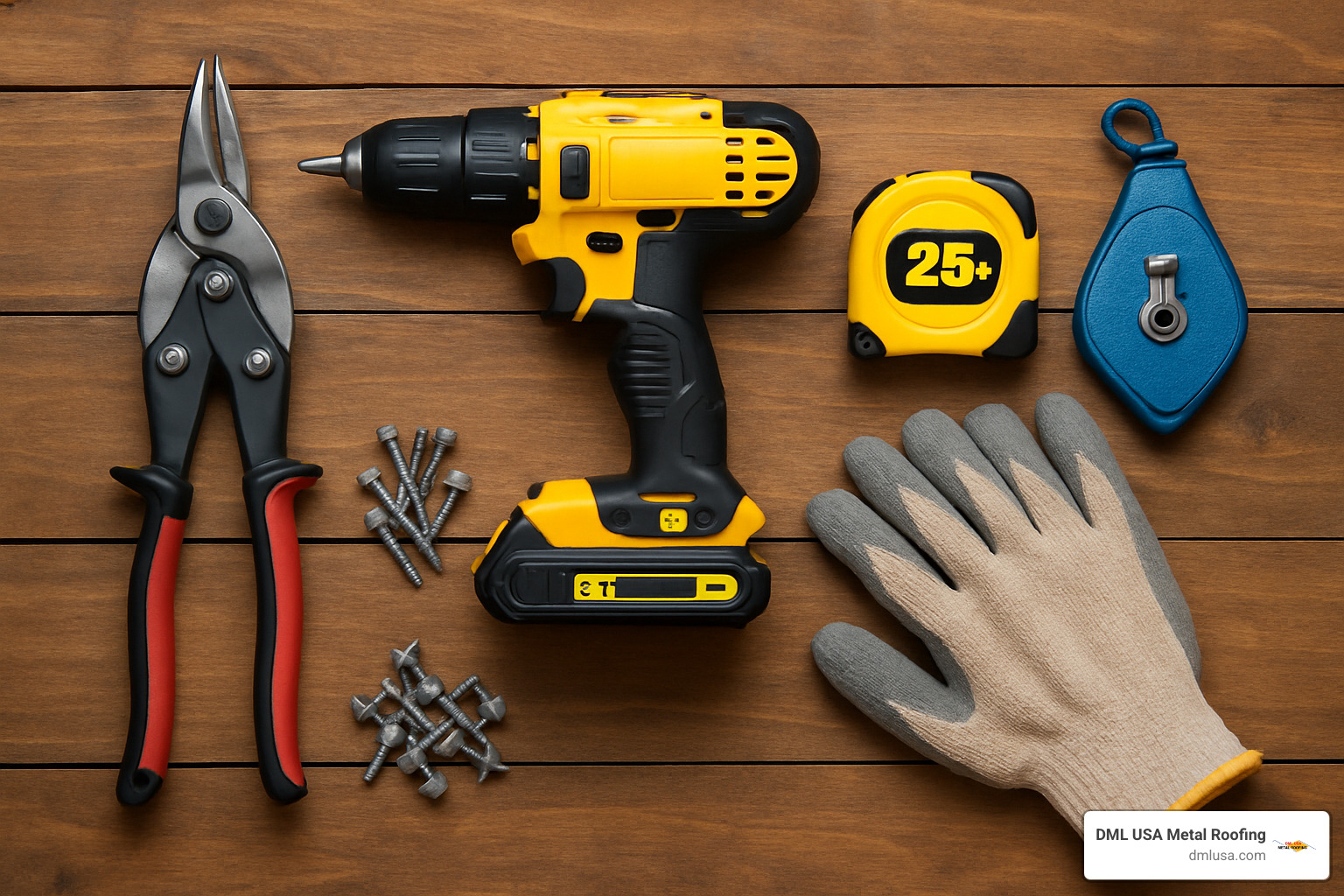 Tool layout for metal roof installation showing snips, drill, tape measure, and fasteners - how are metal roofs installed