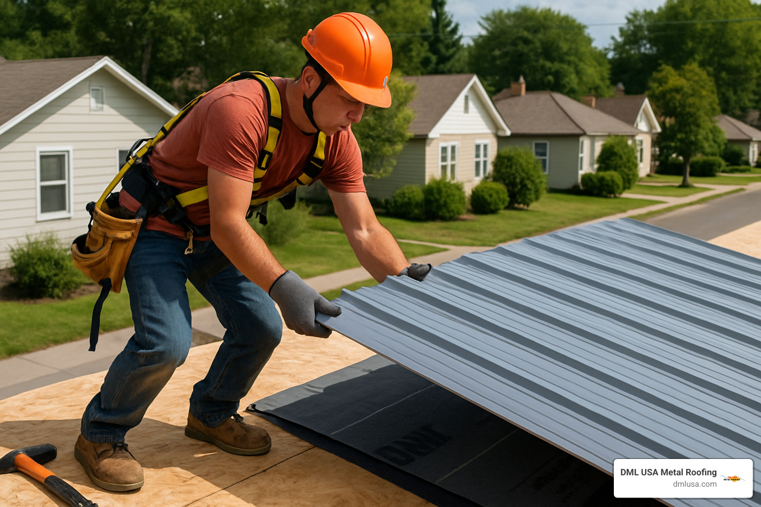 Step by step metal roof installation showing worker placing panel over underlayment - how are metal roofs installed
