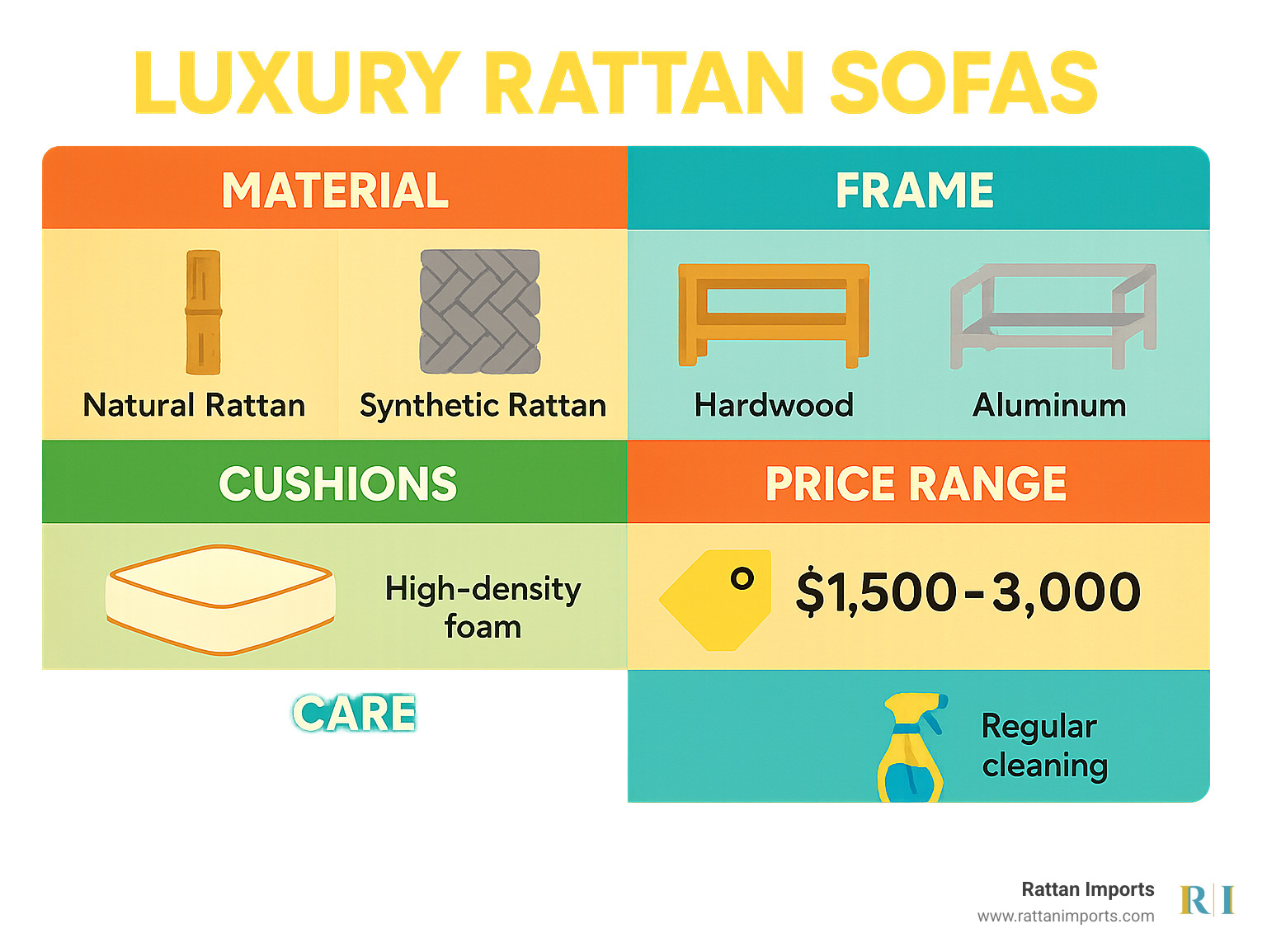 Comparison of luxury rattan sofa characteristics showing material differences between natural and synthetic rattan, frame options, cushion specifications, typical price ranges, and care requirements - luxury rattan sofas infographic 