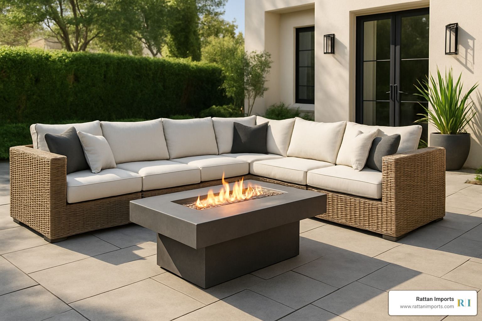 modular outdoor rattan sectional around a fire pit - luxury rattan sofas