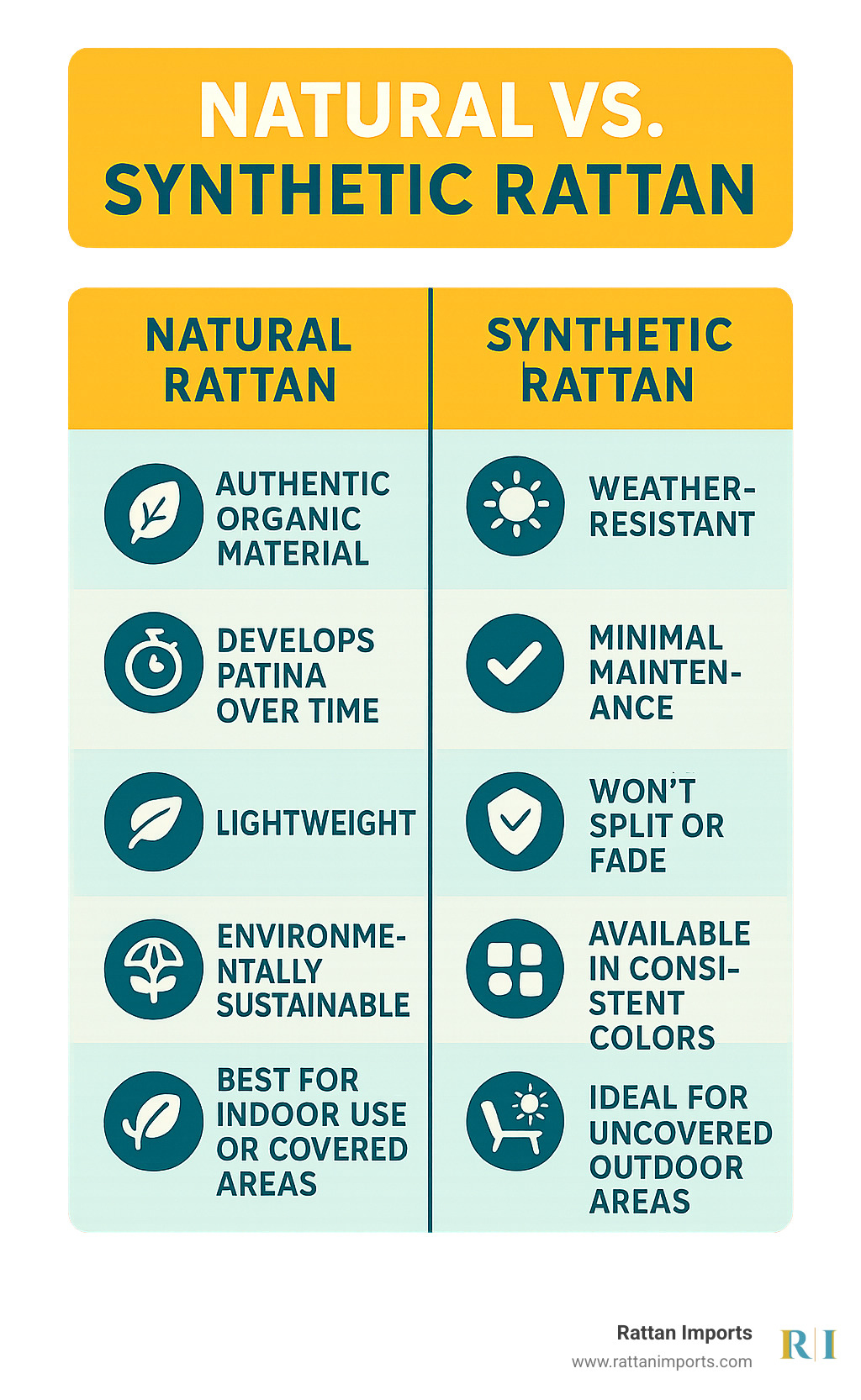 Comparison table showing differences between natural and synthetic rattan materials - luxury rattan sofas infographic 