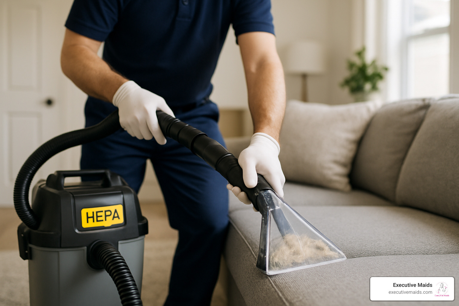 specialized HEPA vacuum removing pet dander from furniture - pet hair cleaning service