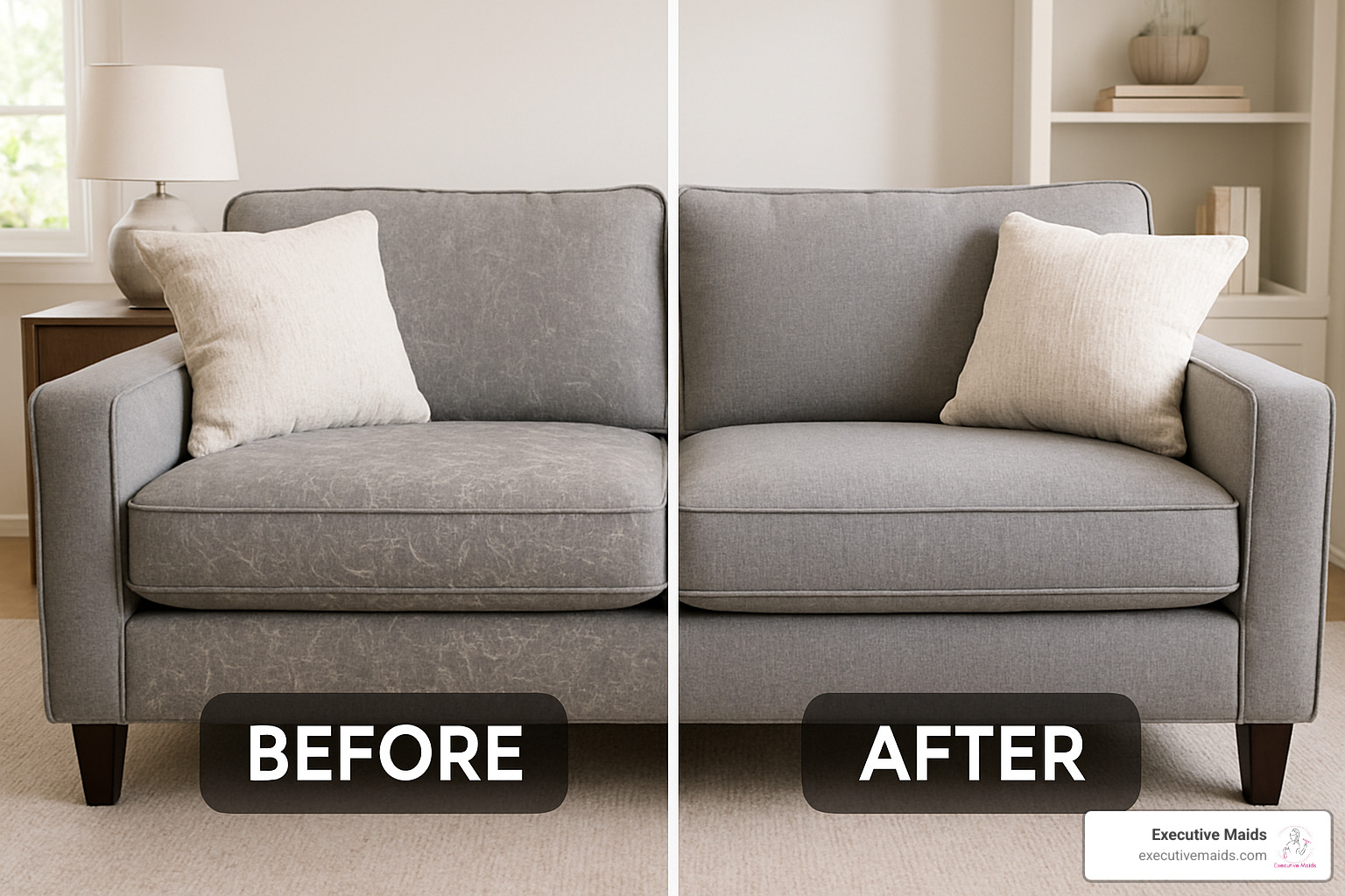 before and after comparison of a living room couch treated by professional pet hair cleaning service - pet hair cleaning service