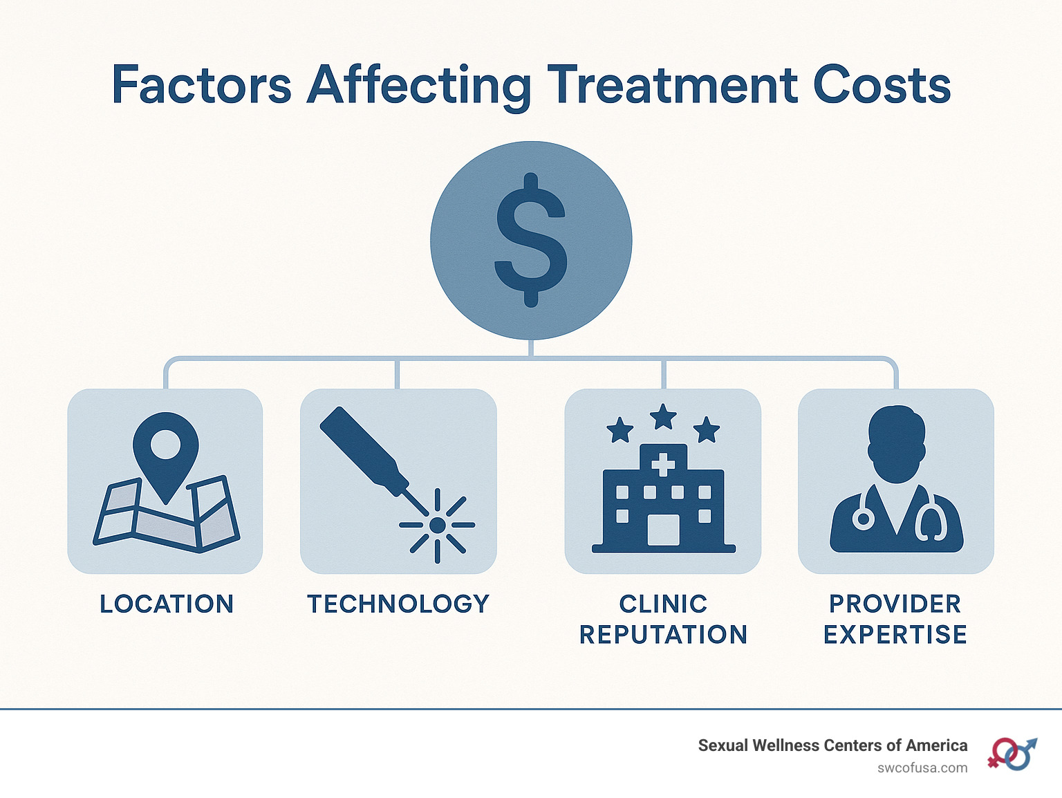 Illustration of factors affecting treatment costs - non surgical vaginal rejuvenation cost infographic