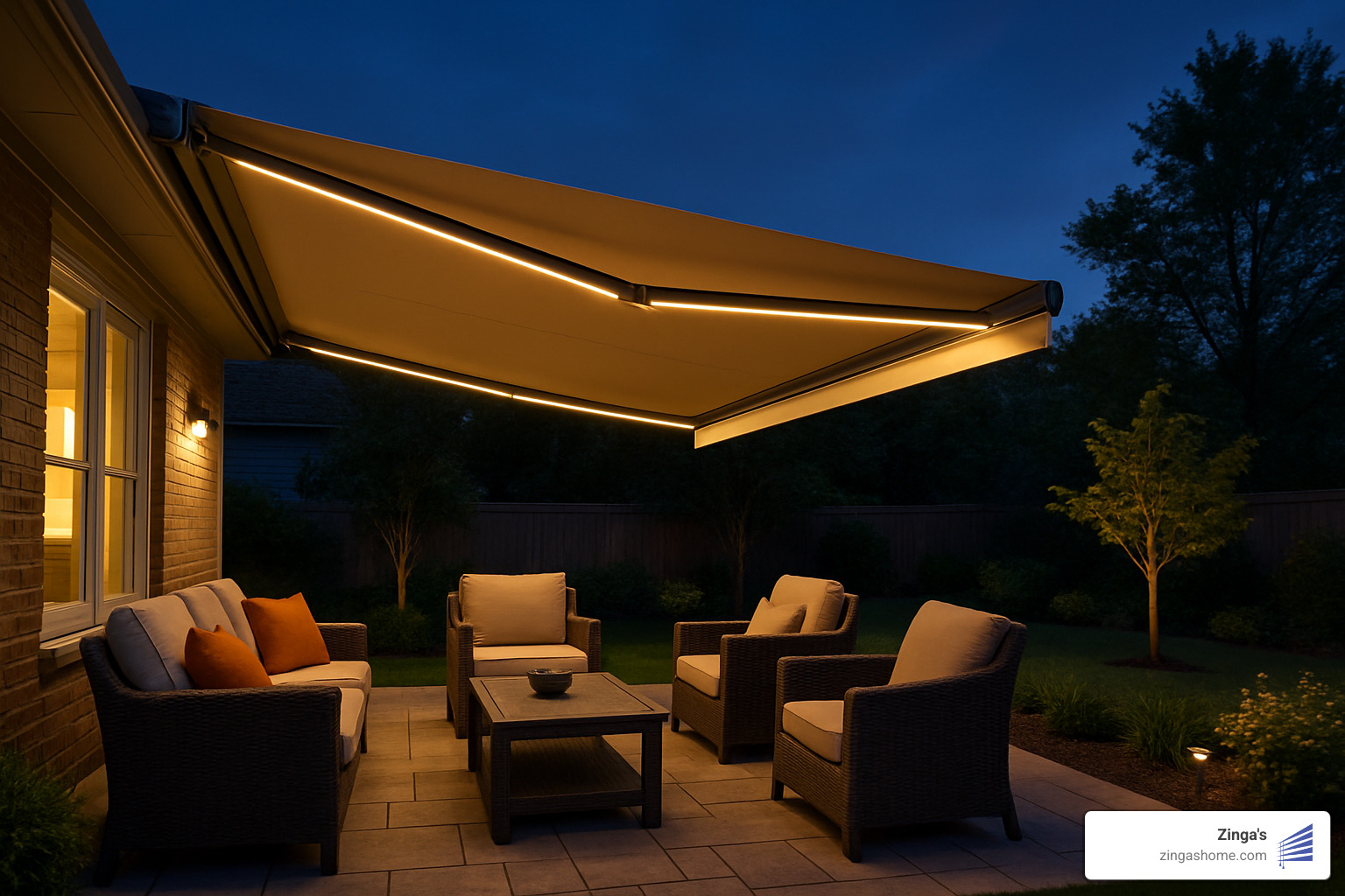 evening patio scene with extended motorised awning and LED lighting - motorised retractable awnings