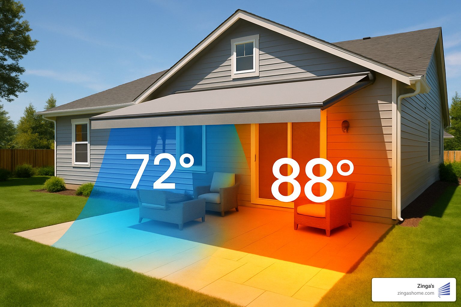 home with motorised retractable awning showing temperature difference - motorised retractable awnings