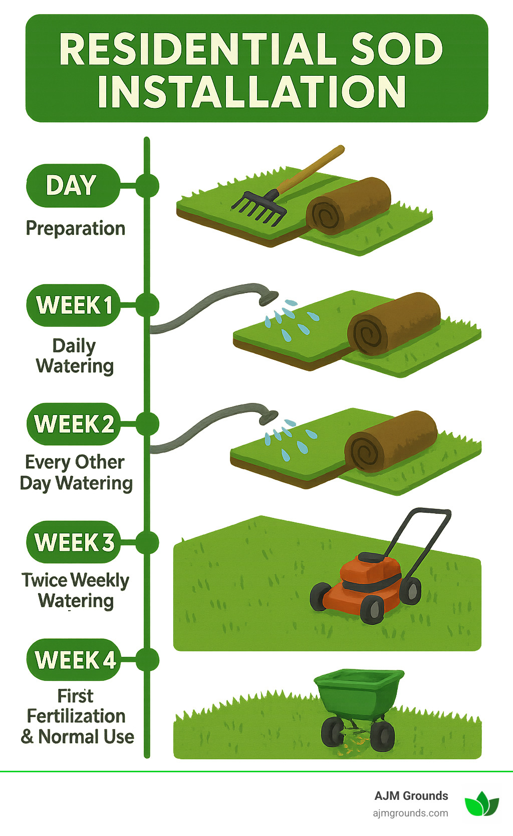 Timeline infographic showing residential sod installation process from Day 0 (Preparation) through Week 1 (Daily Watering), Week 2 (Every Other Day Watering), Week 3 (Twice Weekly Watering), Week 4 (First Mowing) to Week 6 (First Fertilization and Normal Use) - residential sod installation infographic 