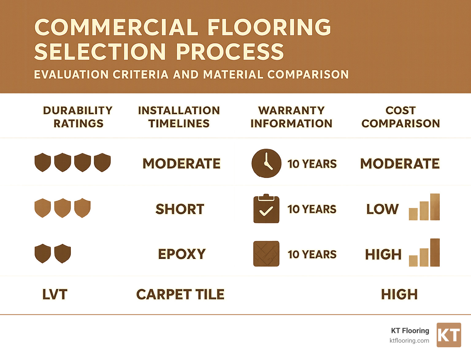 Commercial flooring selection process showing evaluation criteria including durability ratings, installation timelines, warranty information, and cost comparison for different materials like LVT, carpet tile, and epoxy across top NH commercial flooring providers - commercial flooring companies nh infographic