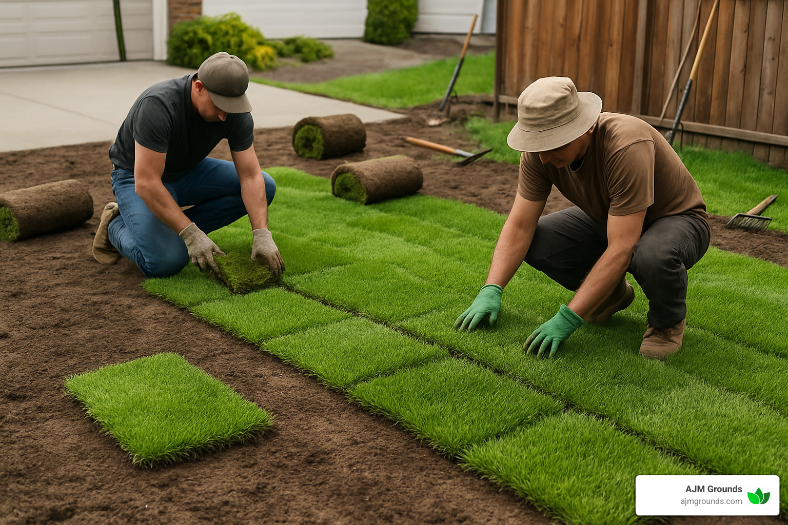 sod installation with staggered seams in progress - residential sod installation