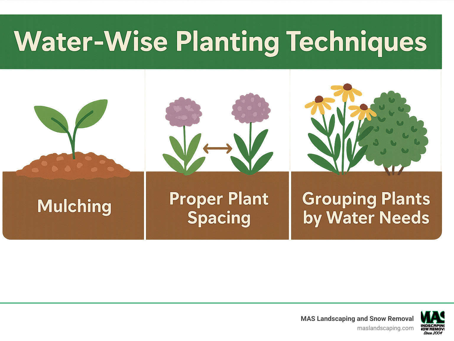 Infographic showing water-wise planting techniques including mulching, proper plant spacing, and grouping plants by water needs - back yard landscape design infographic 