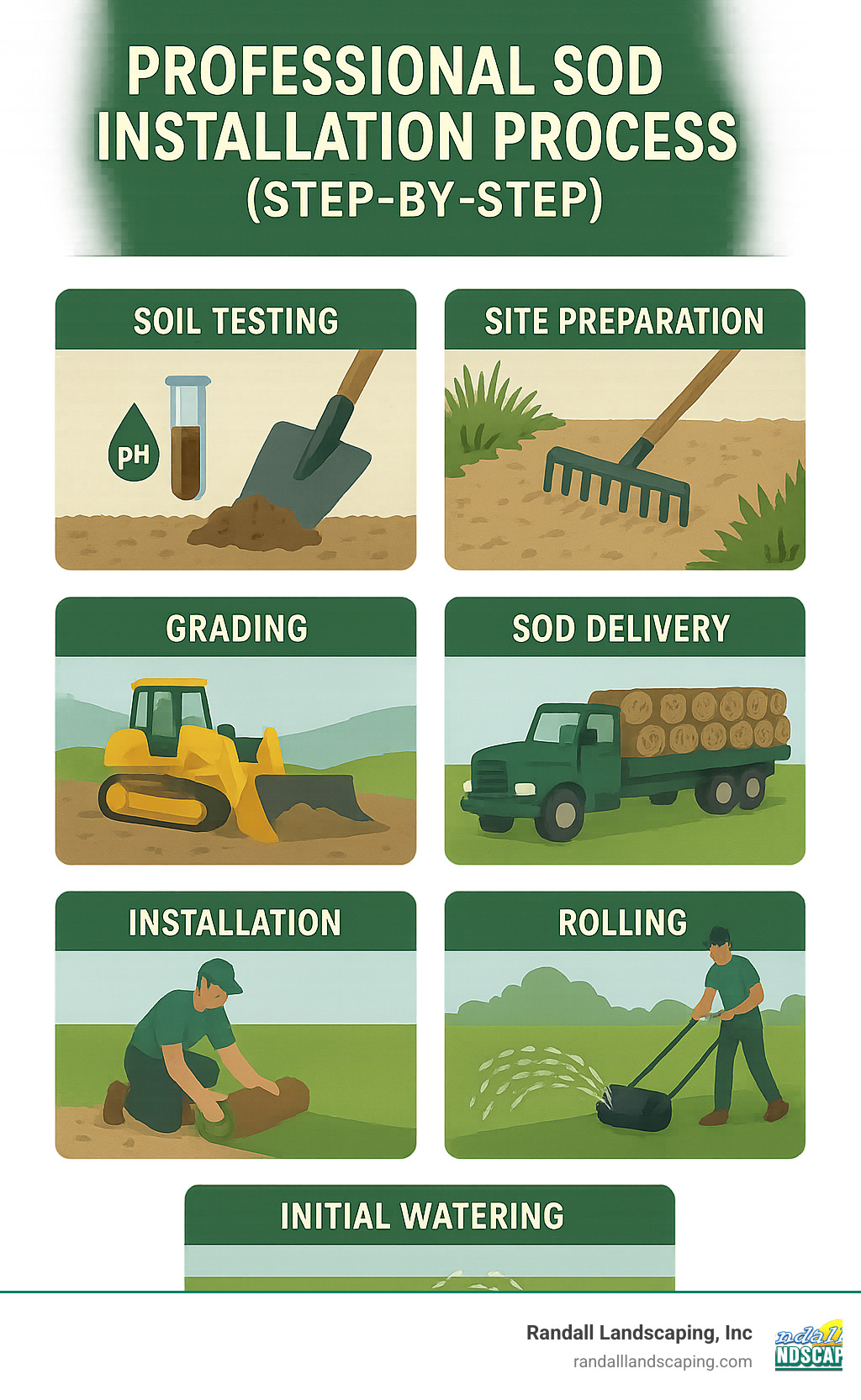 Step-by-step professional sod installation workflow showing soil testing, site preparation, grading, sod delivery, installation, rolling, and initial watering phases - professional sod installation infographic 
