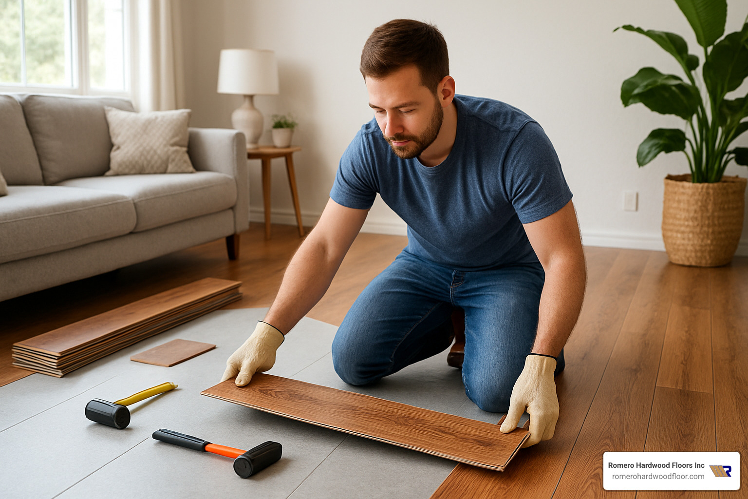 DIY homeowner installing click-lock laminate flooring planks in a living room - cheap laminate wood flooring