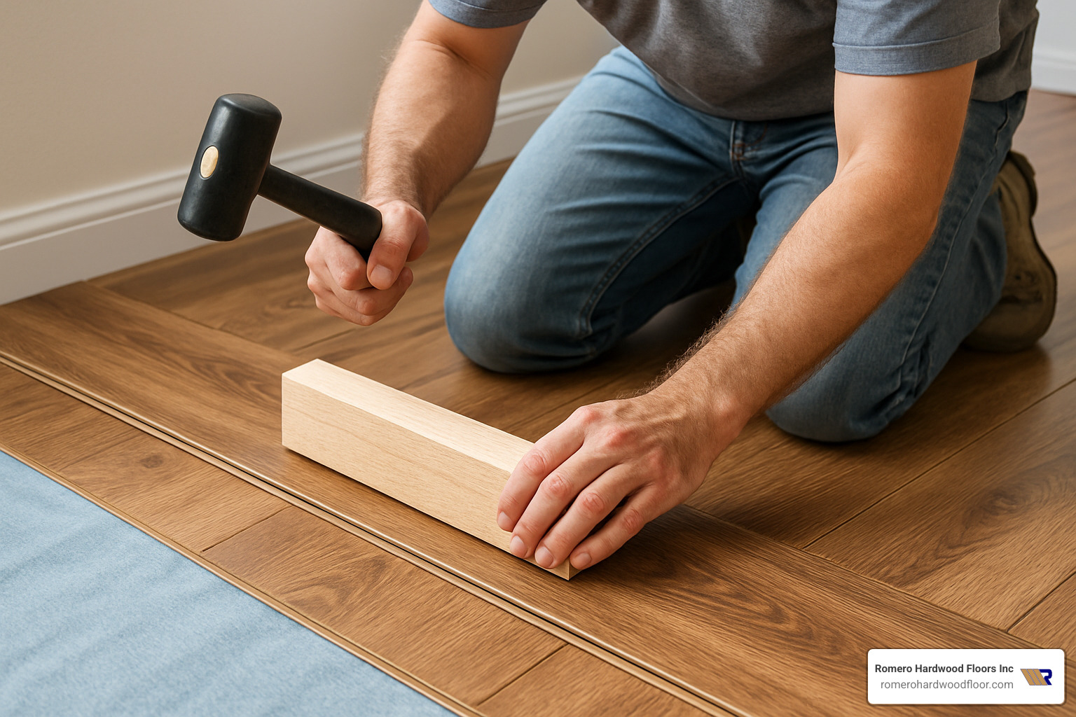 DIY installer using tapping block to connect laminate planks together showing proper technique - cheap laminate wood flooring