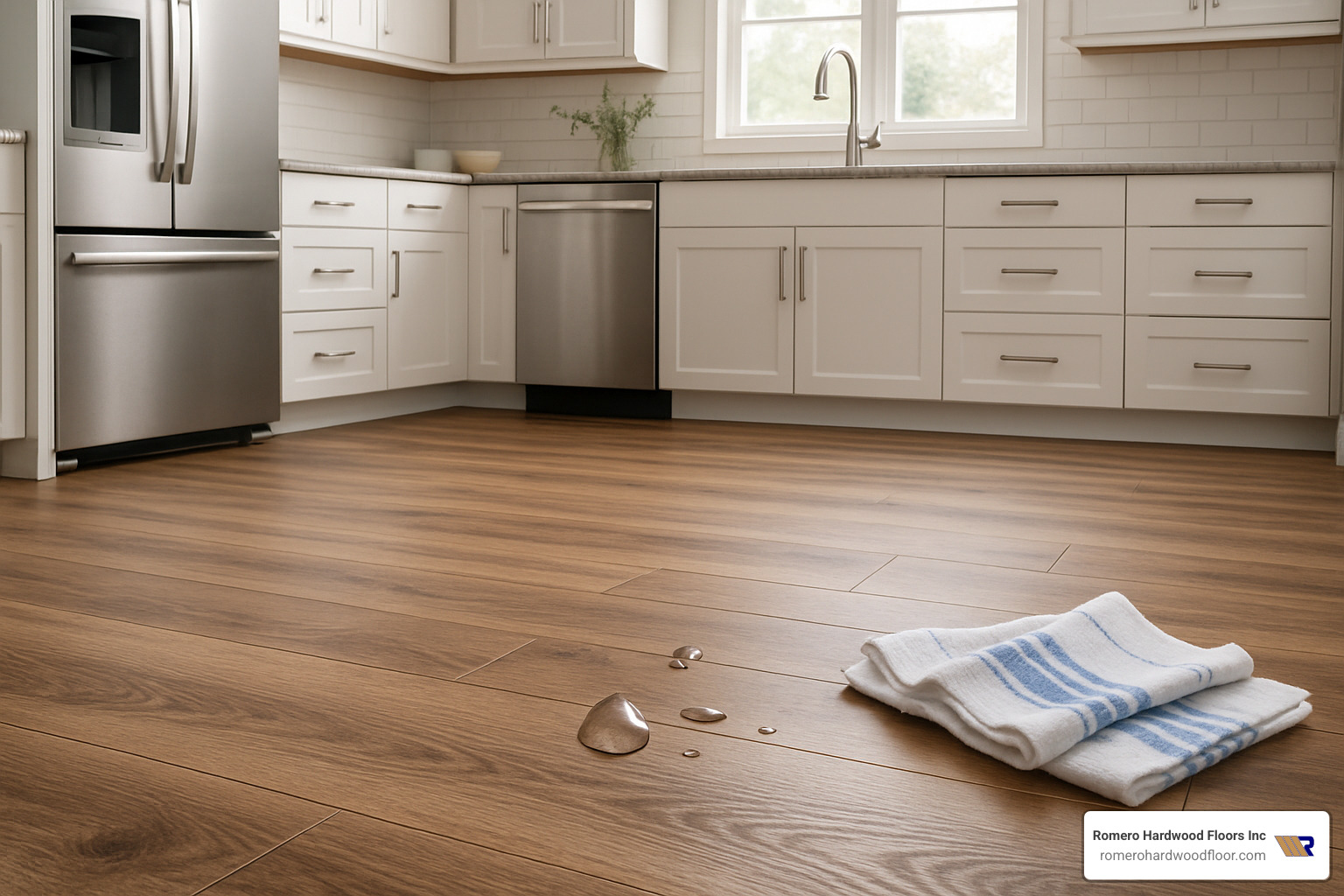 Waterproof laminate flooring installed in a modern kitchen with spill protection - cheap laminate wood flooring