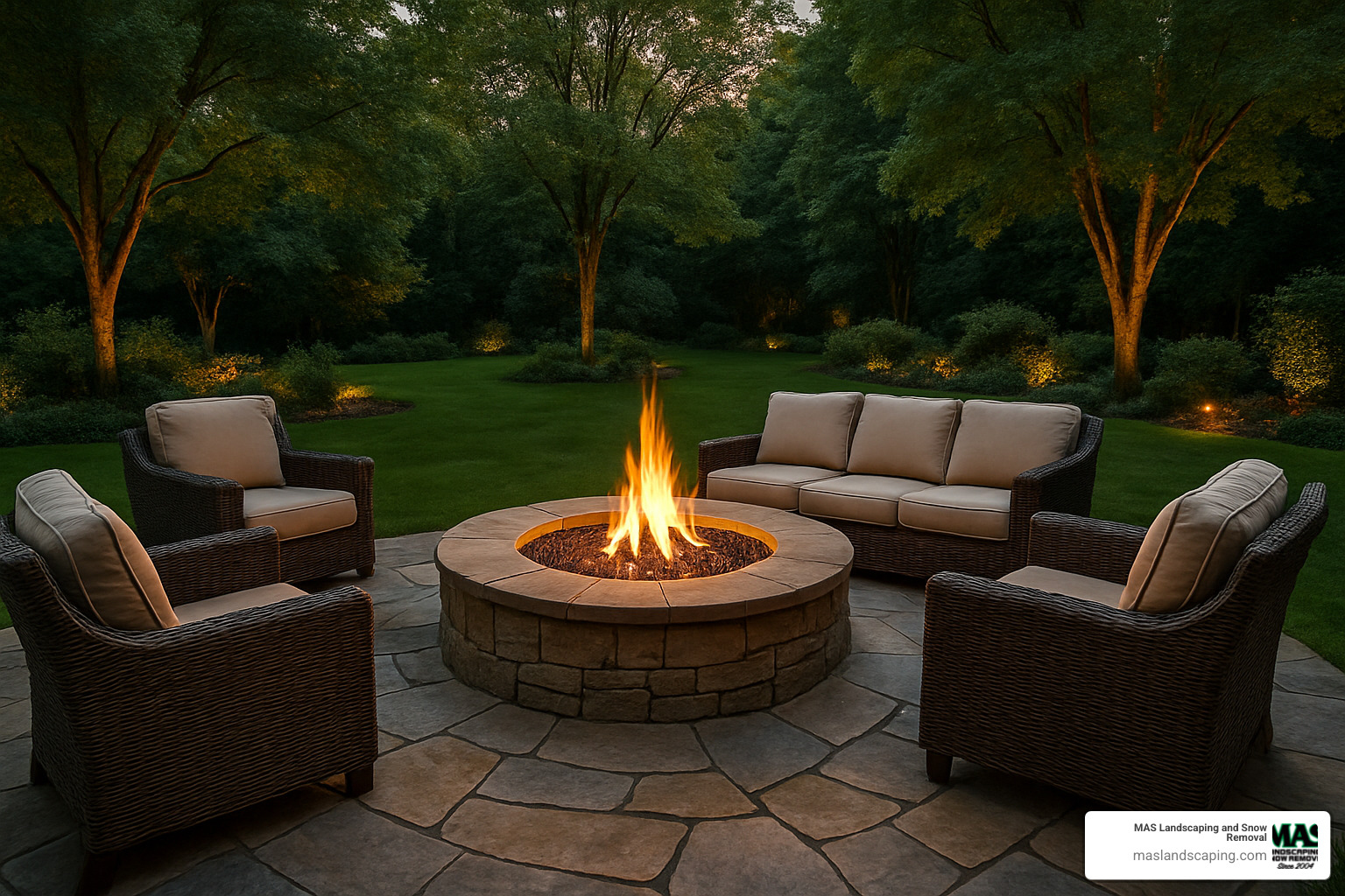 Stone patio with built-in fire pit surrounded by comfortable seating - back yard landscape design