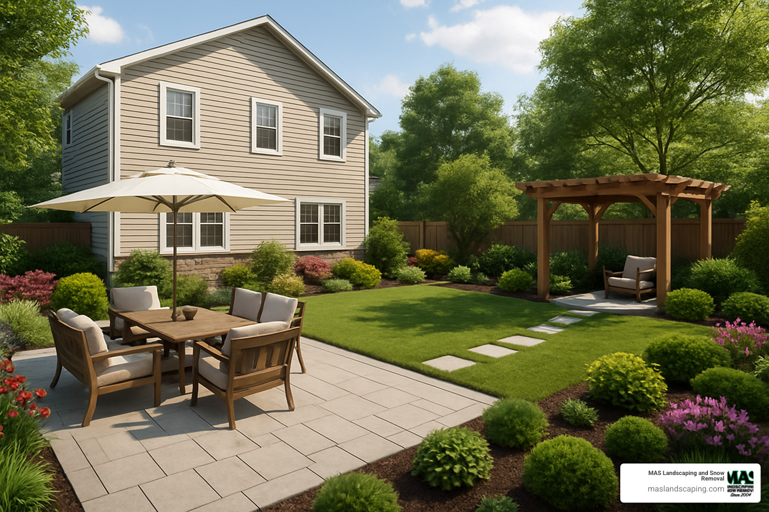 3D rendering of a backyard design showing multiple zones - back yard landscape design